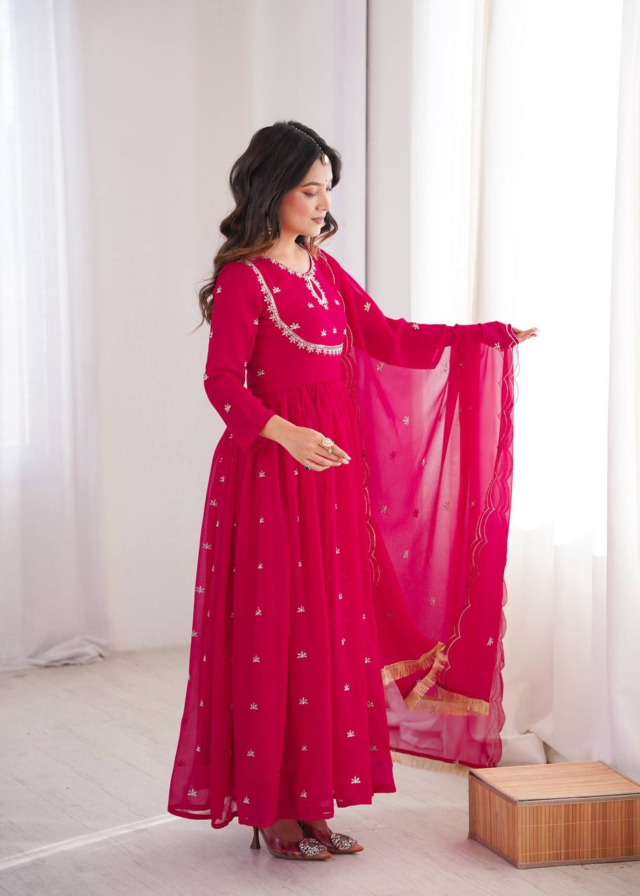 Rose Pink Premium Georgette Sequin Embroidered Gown Set with Pant