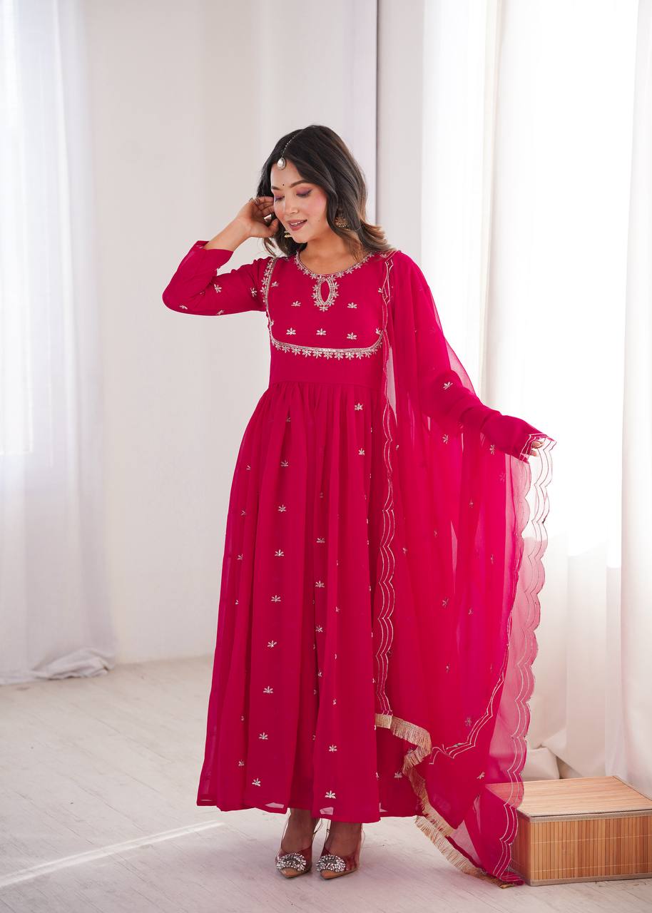 Rose Pink Premium Georgette Sequin Embroidered Gown Set with Pant