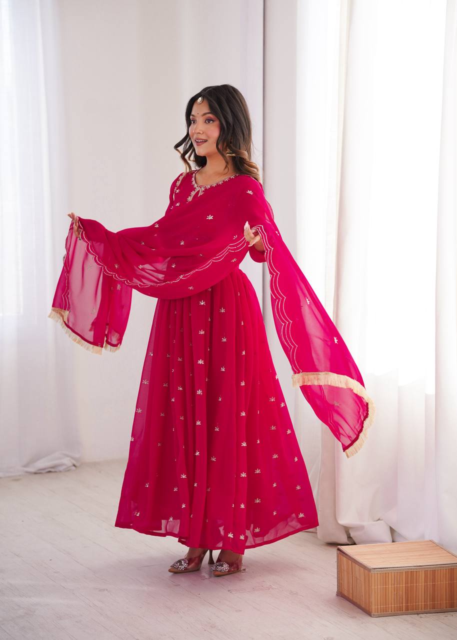 Rose Pink Premium Georgette Sequin Embroidered Gown Set with Pant