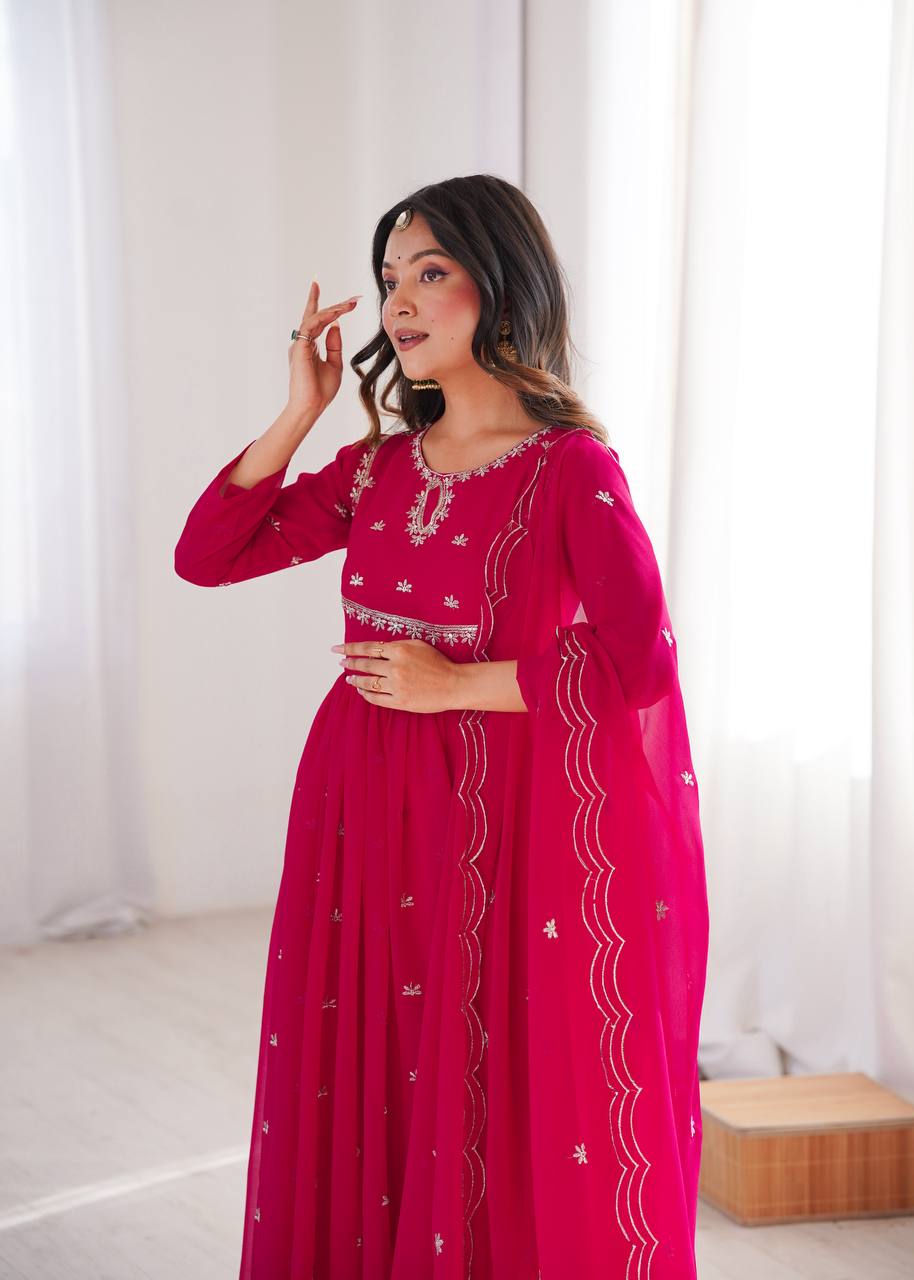Rose Pink Premium Georgette Sequin Embroidered Gown Set with Pant