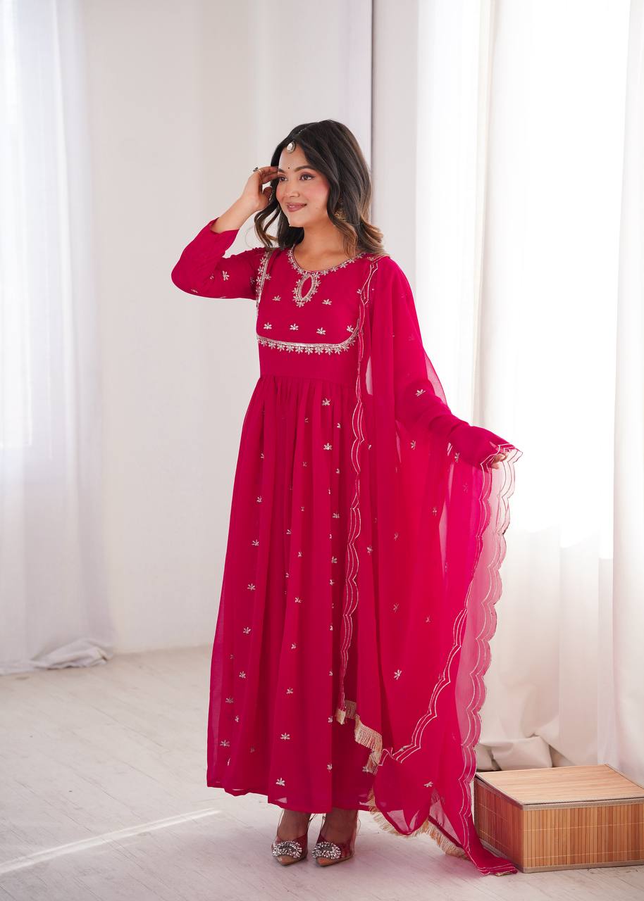 Rose Pink Premium Georgette Sequin Embroidered Gown Set with Pant