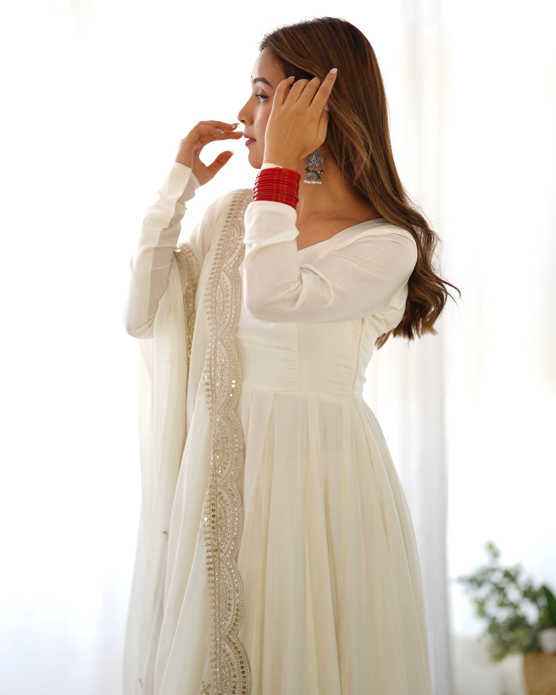 Exquisite Pure Romansilk Chanderi Designer Anarkali Pant Suit - INDIAN ELEGANCE