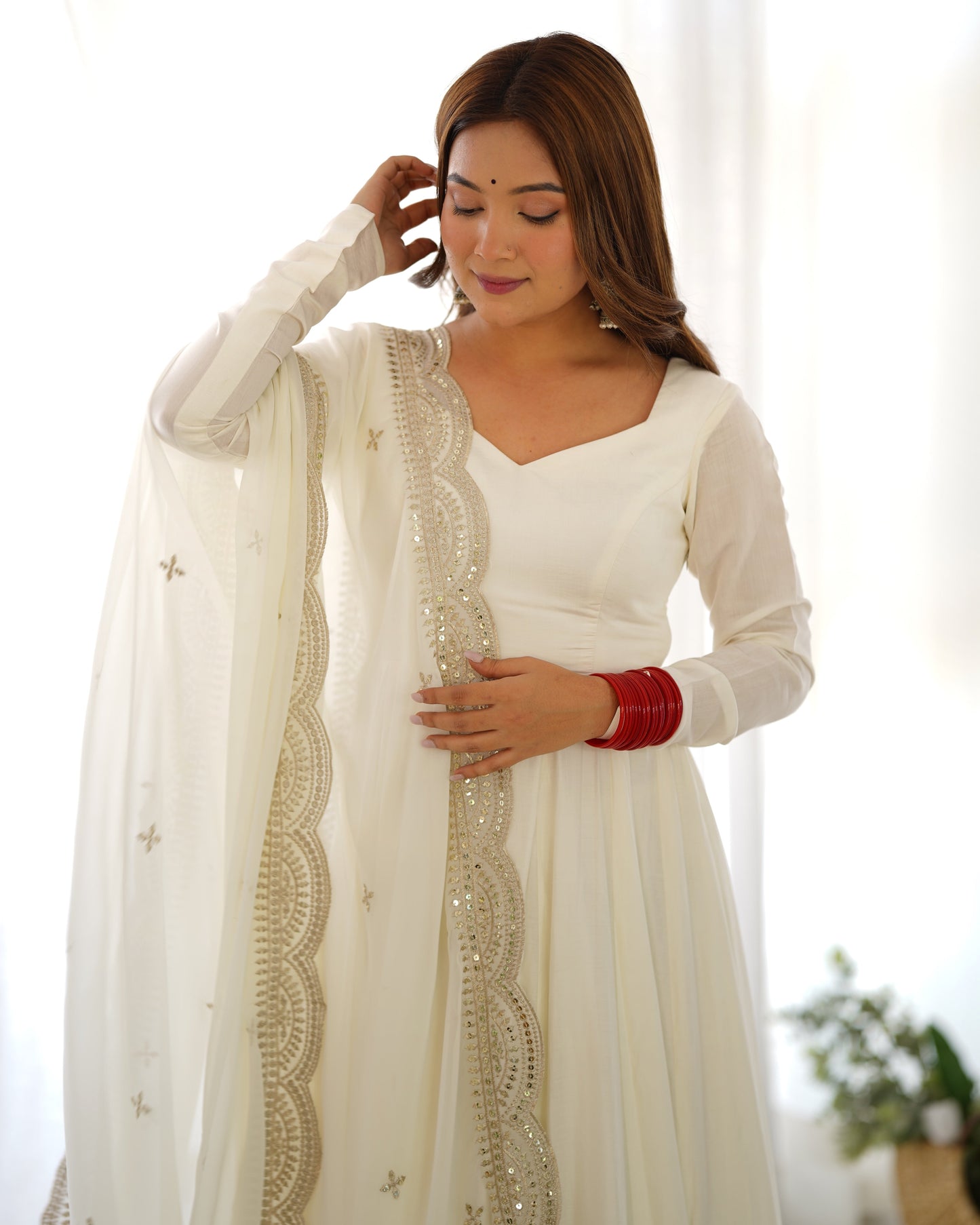 Exquisite Pure Romansilk Chanderi Designer Anarkali Pant Suit - INDIAN ELEGANCE