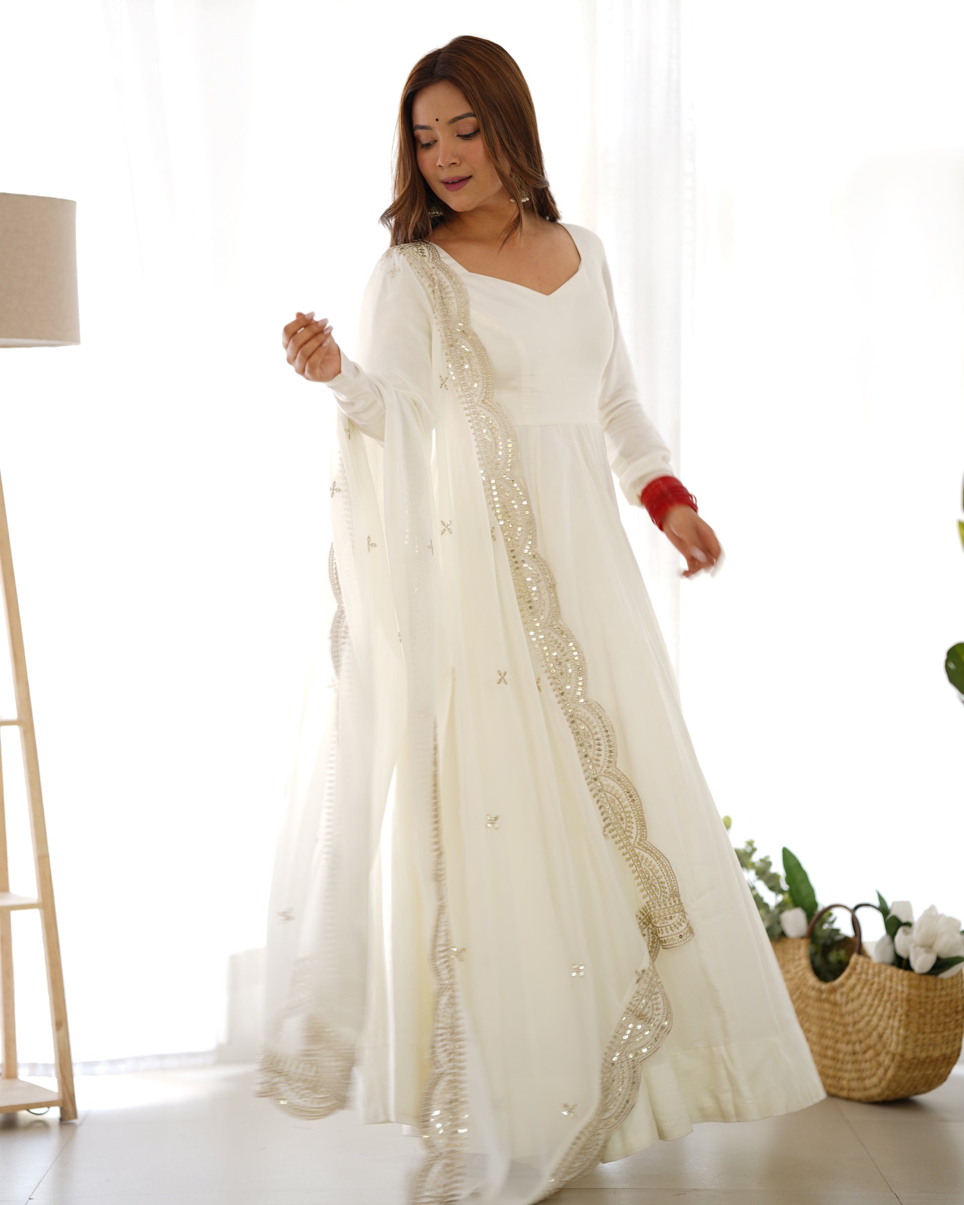 Exquisite Pure Romansilk Chanderi Designer Anarkali Pant Suit - INDIAN ELEGANCE