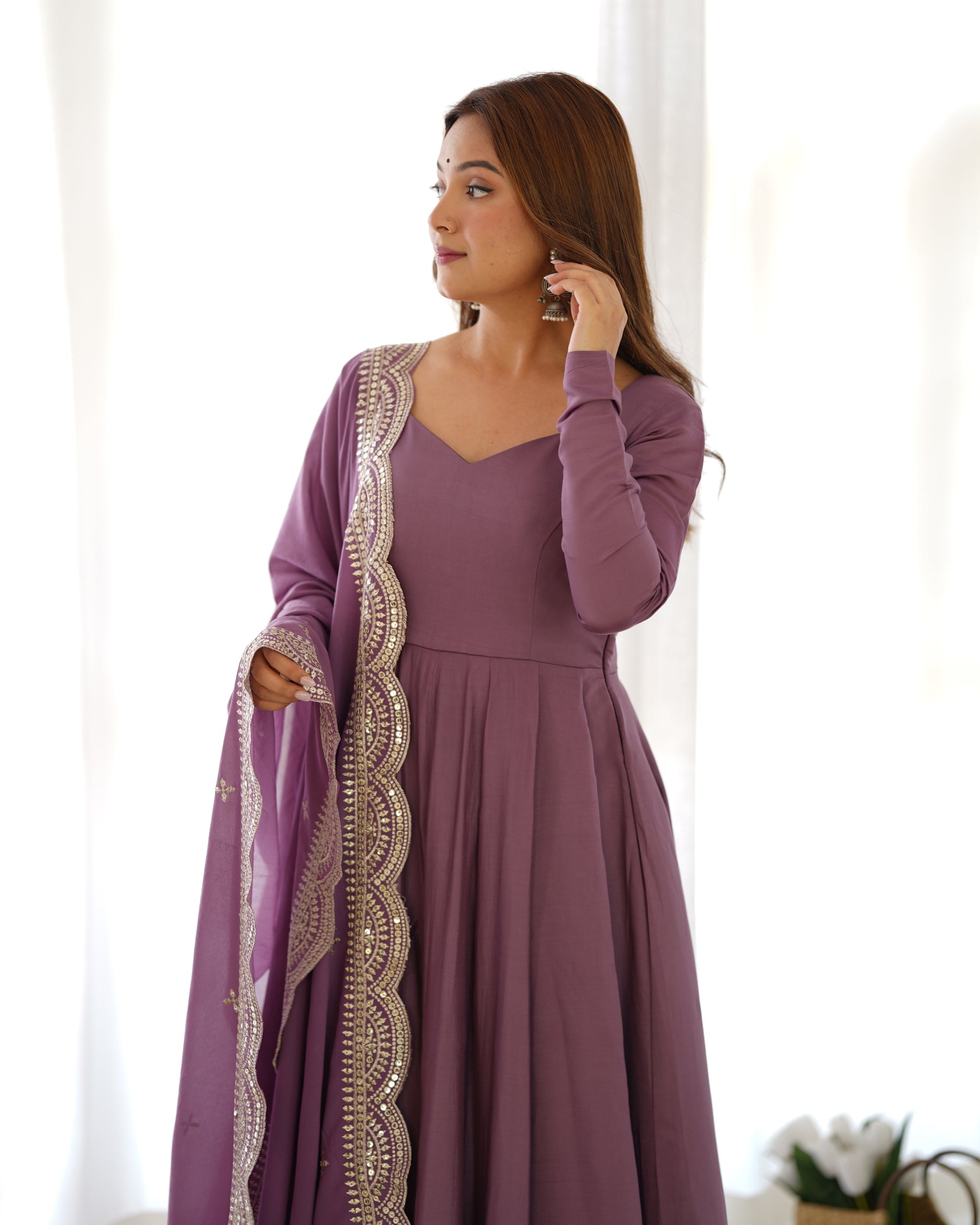 Exquisite Pure Romansilk Chanderi Designer Anarkali Pant Suit - INDIAN ELEGANCE