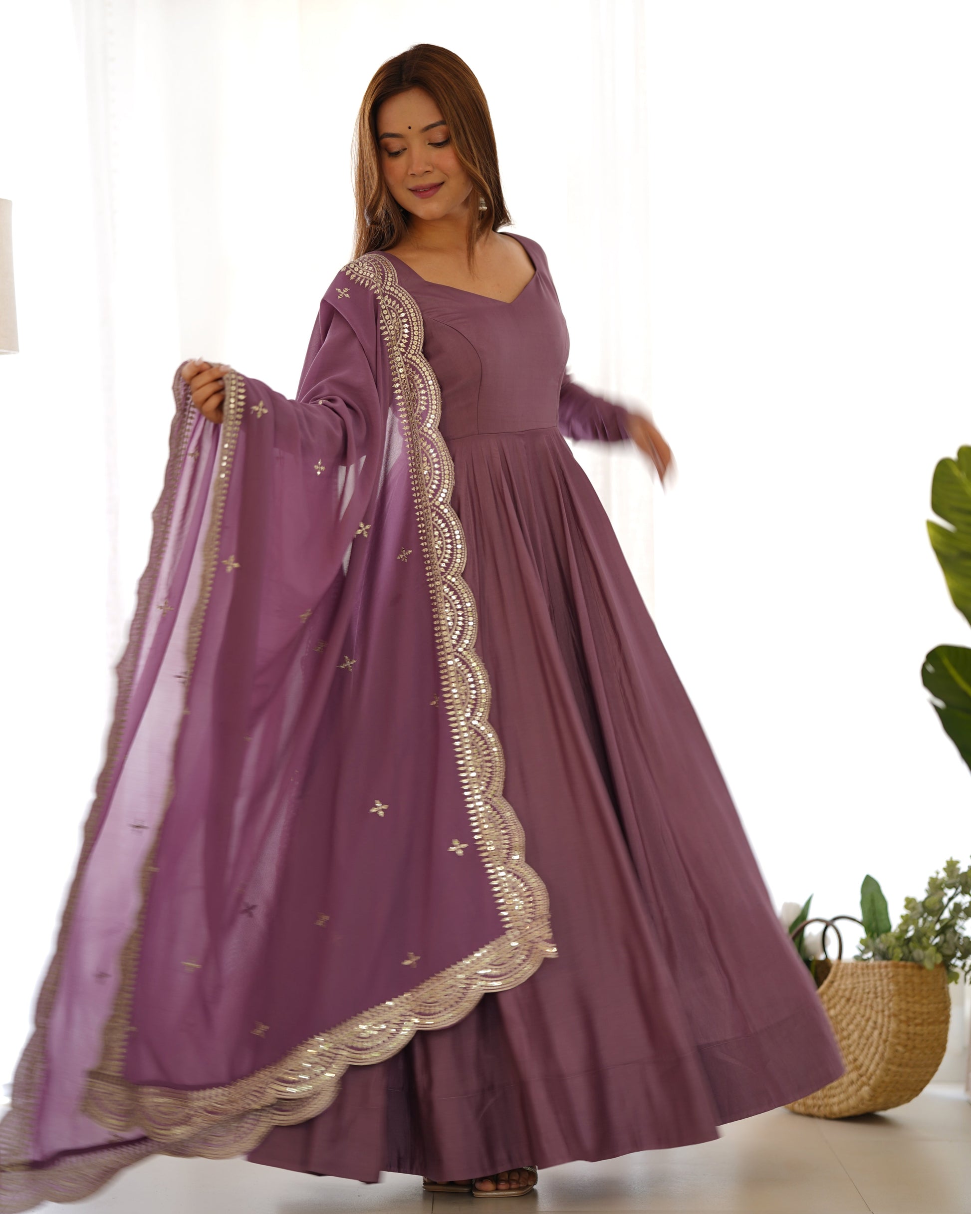 Exquisite Pure Romansilk Chanderi Designer Anarkali Pant Suit - INDIAN ELEGANCE