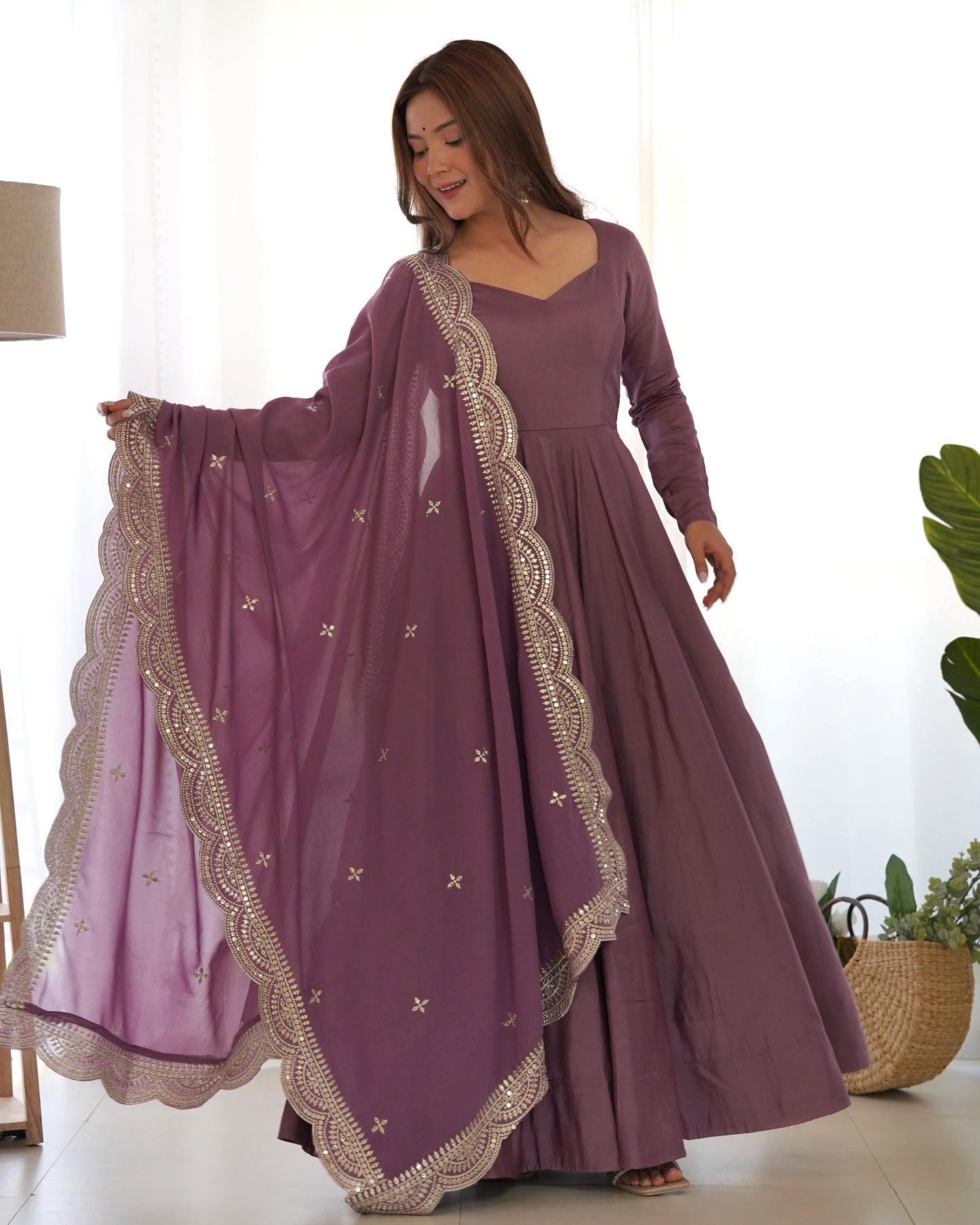Exquisite Pure Romansilk Chanderi Designer Anarkali Pant Suit - INDIAN ELEGANCE