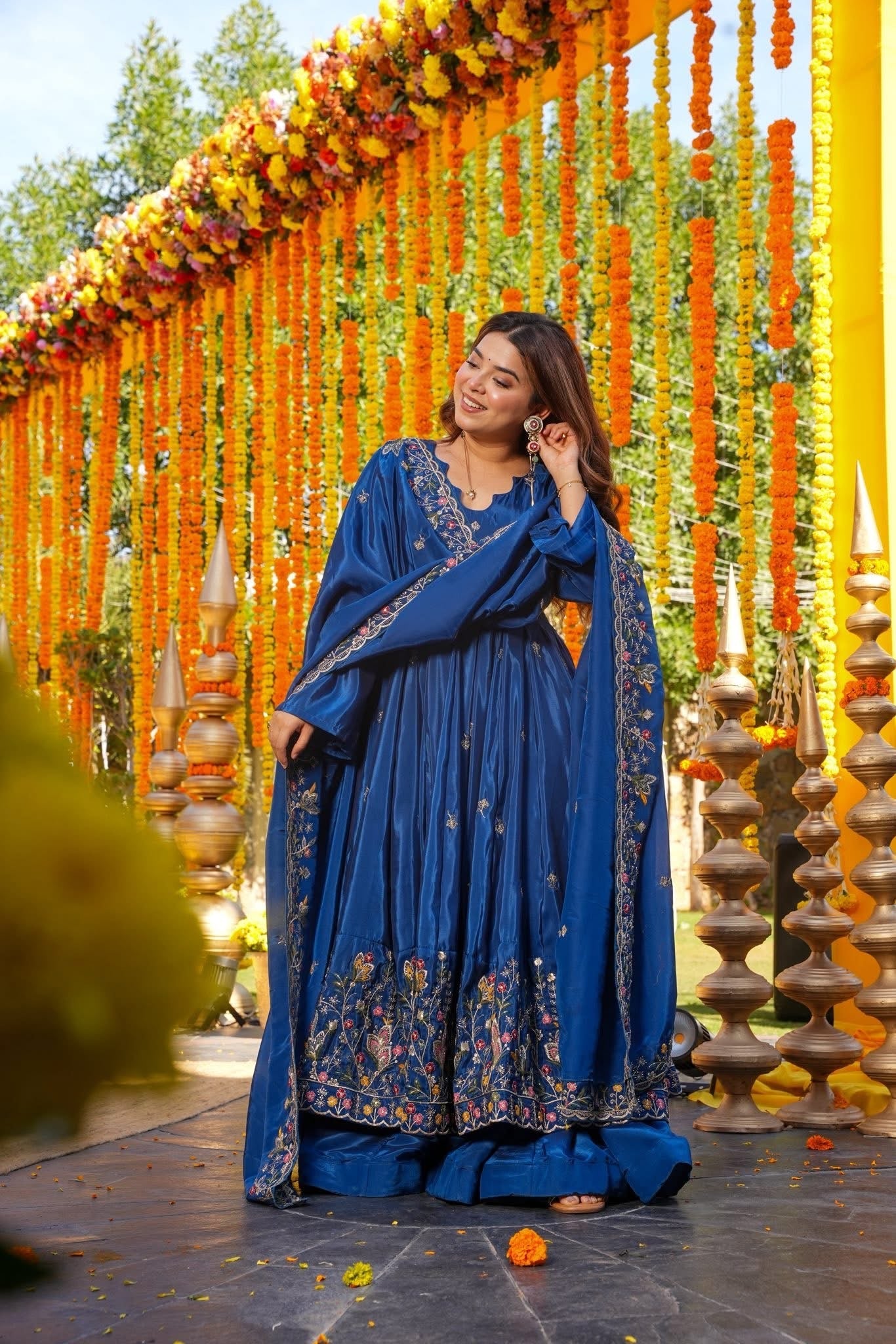 Royal Blue Crepe Silk Anarkali sharara Suit Set with Thread & Sequin Work-Wedding & Farewell Wear