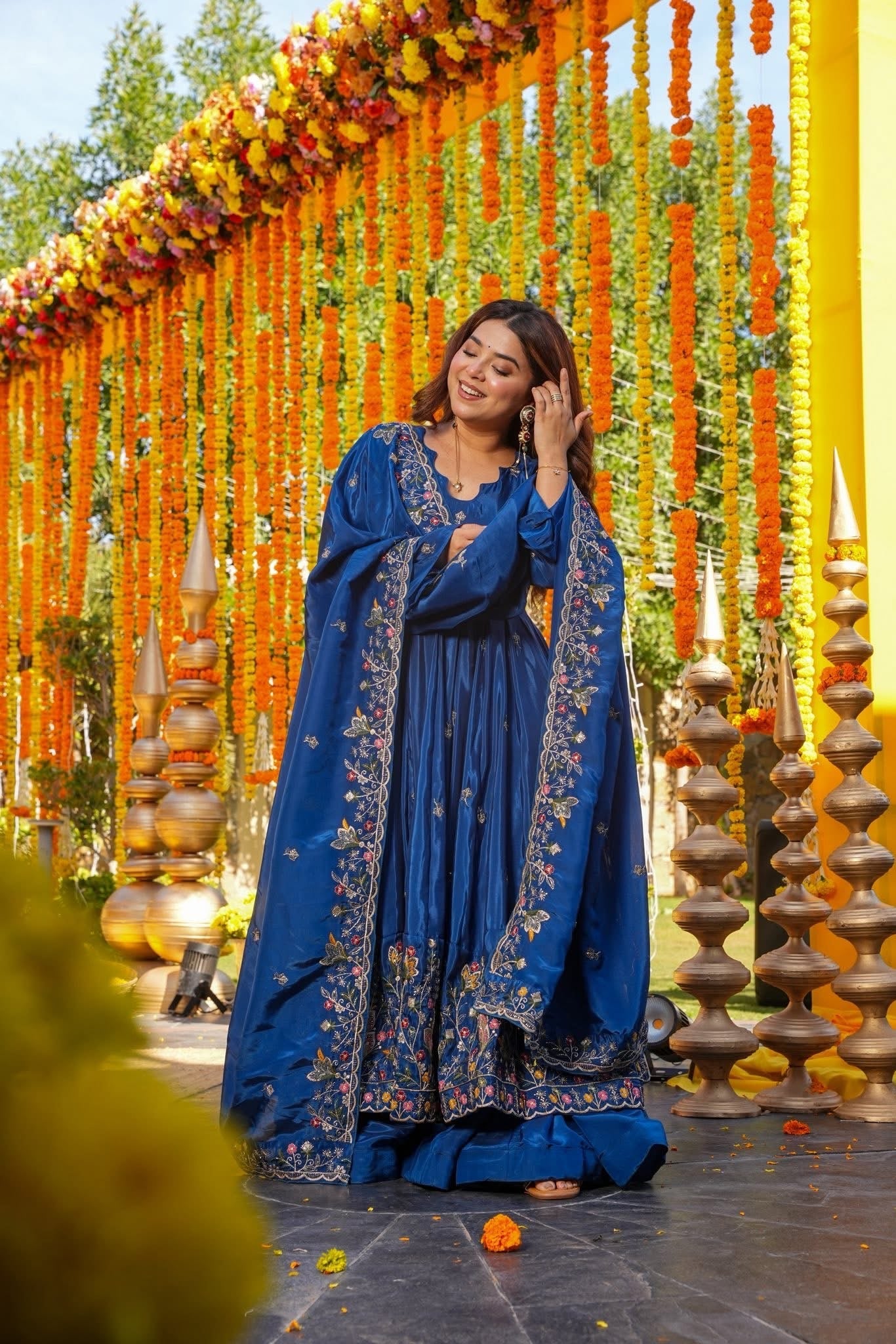 Royal Blue Crepe Silk Anarkali sharara Suit Set with Thread & Sequin Work-Wedding & Farewell Wear