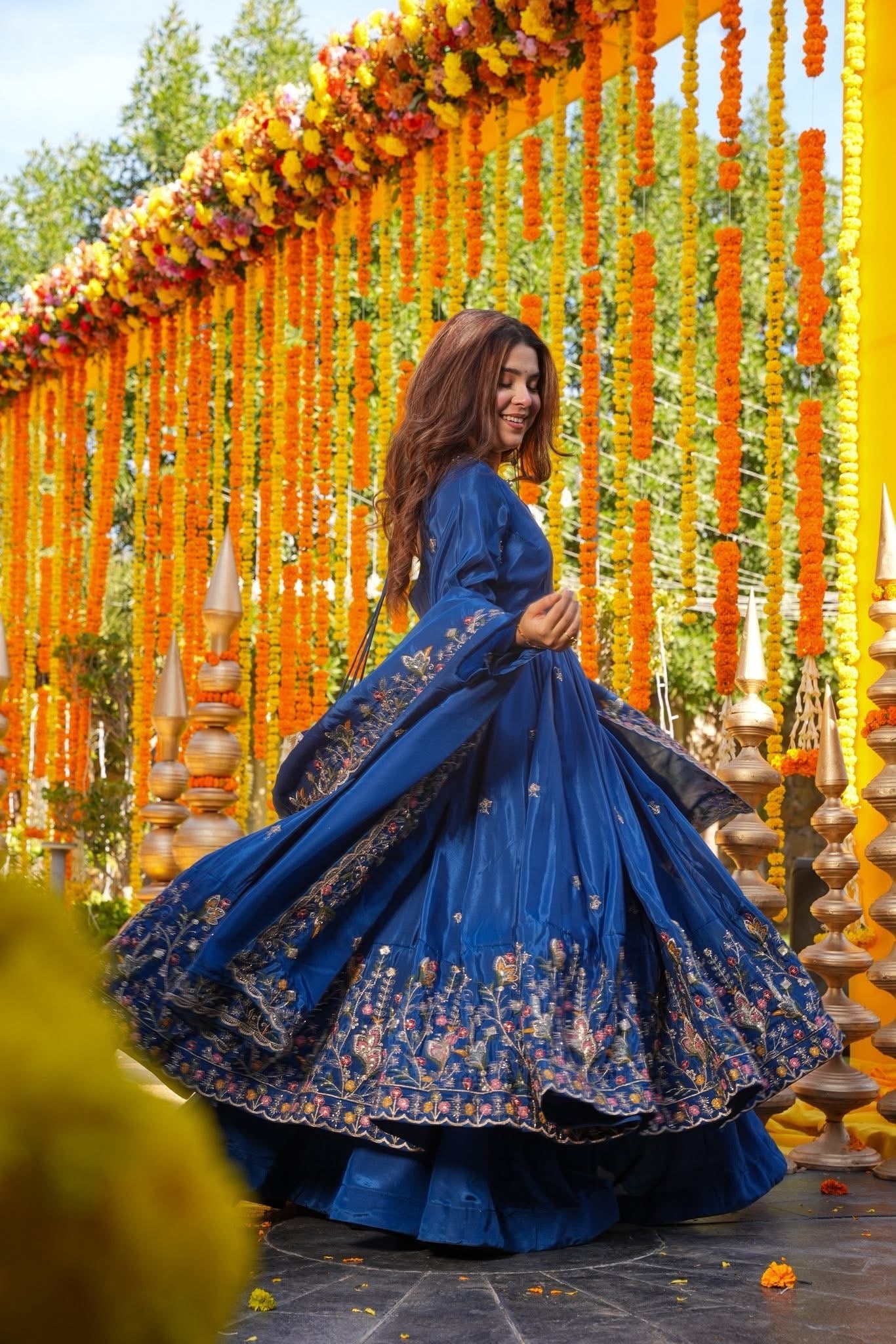 Royal Blue Crepe Silk Anarkali sharara Suit Set with Thread & Sequin Work-Wedding & Farewell Wear