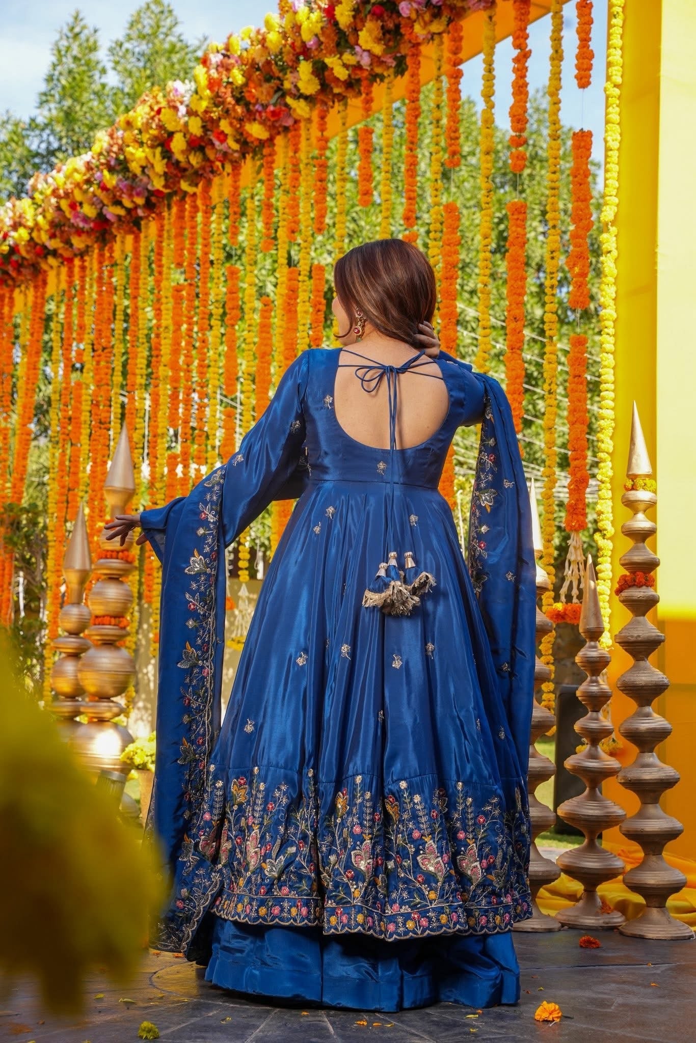 Royal Blue Crepe Silk Anarkali sharara Suit Set with Thread & Sequin Work-Wedding & Farewell Wear