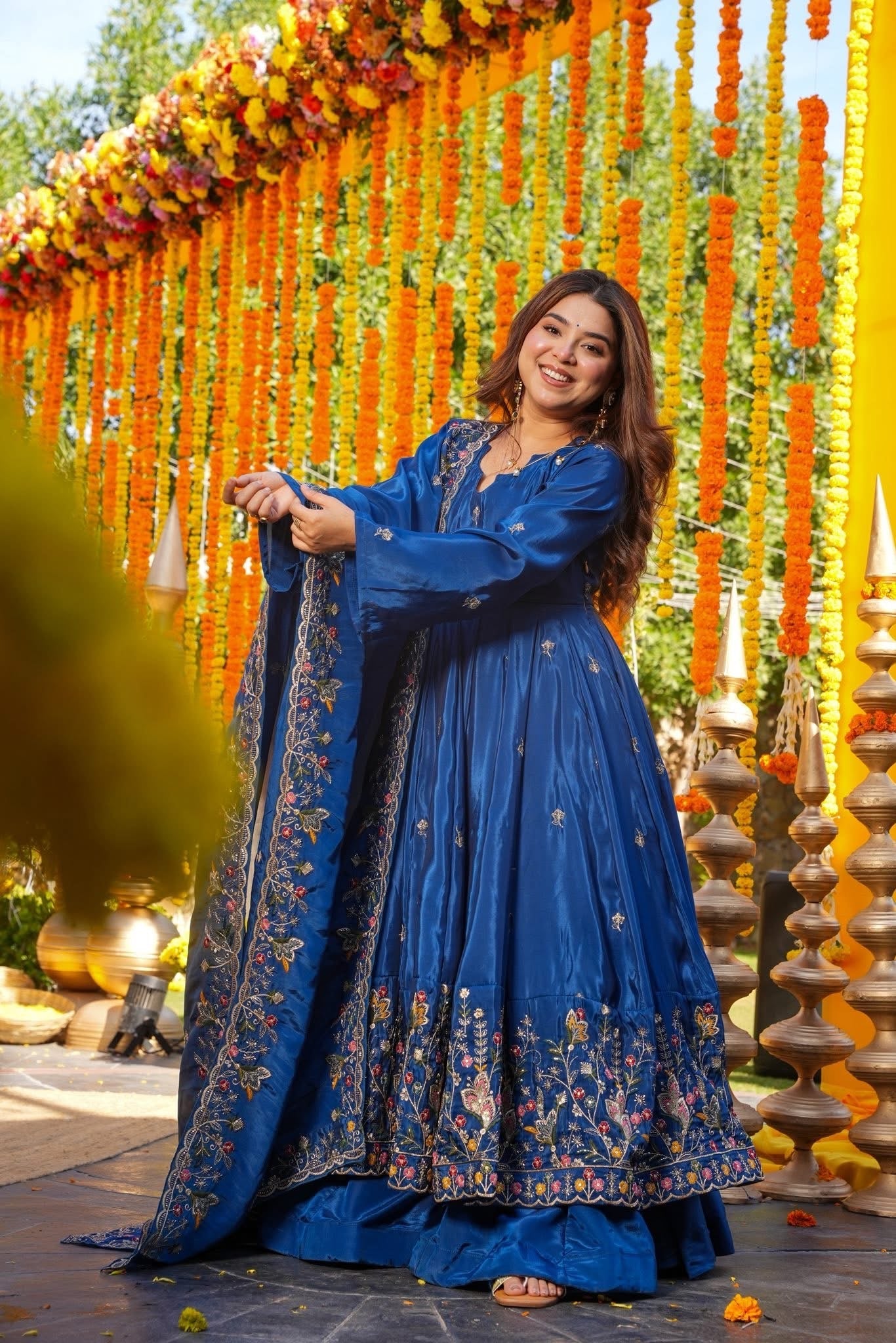 Royal Blue Crepe Silk Anarkali sharara Suit Set with Thread & Sequin Work-Wedding & Farewell Wear
