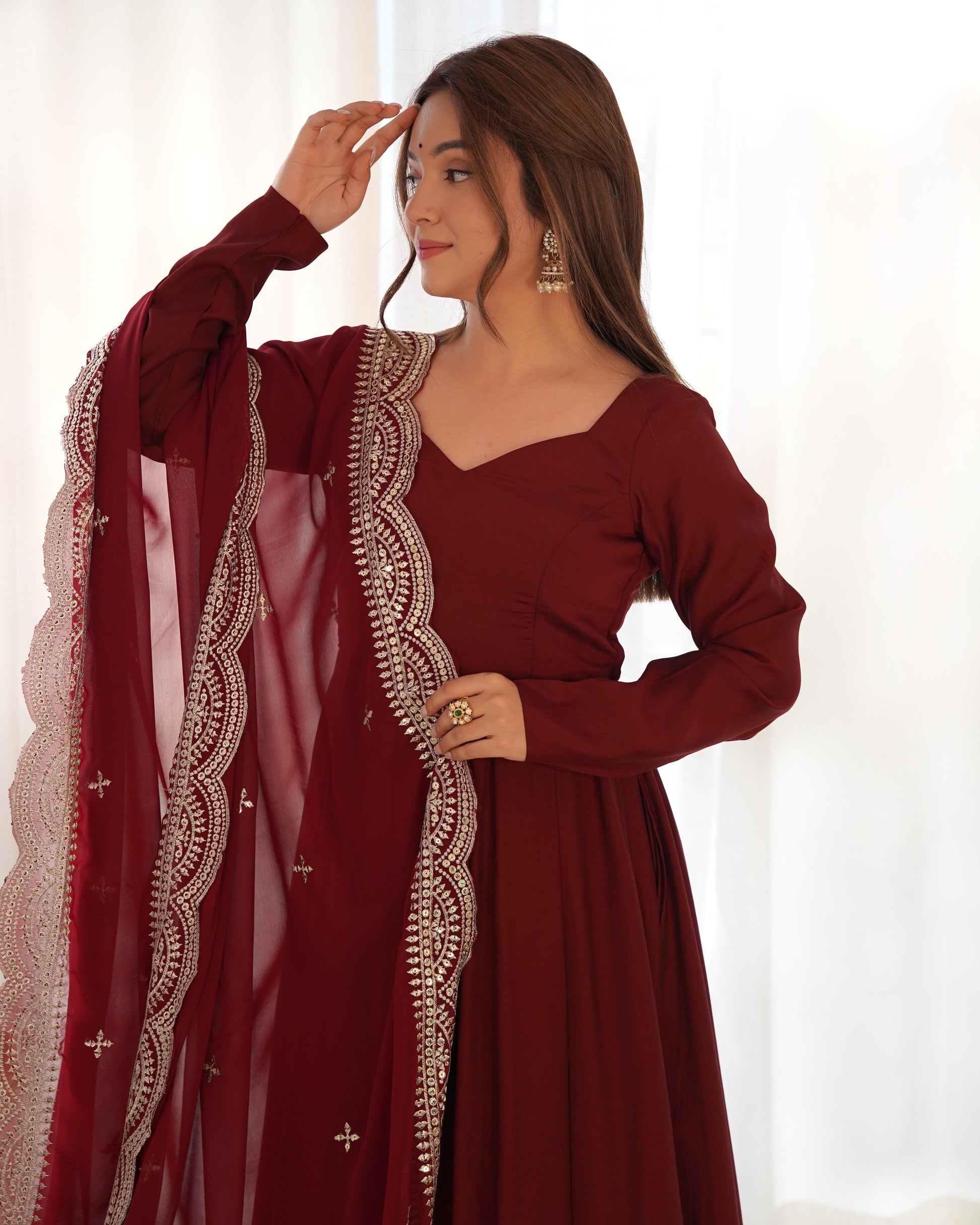 Exquisite Pure Romansilk Chanderi Designer Anarkali Pant Suit - INDIAN ELEGANCE