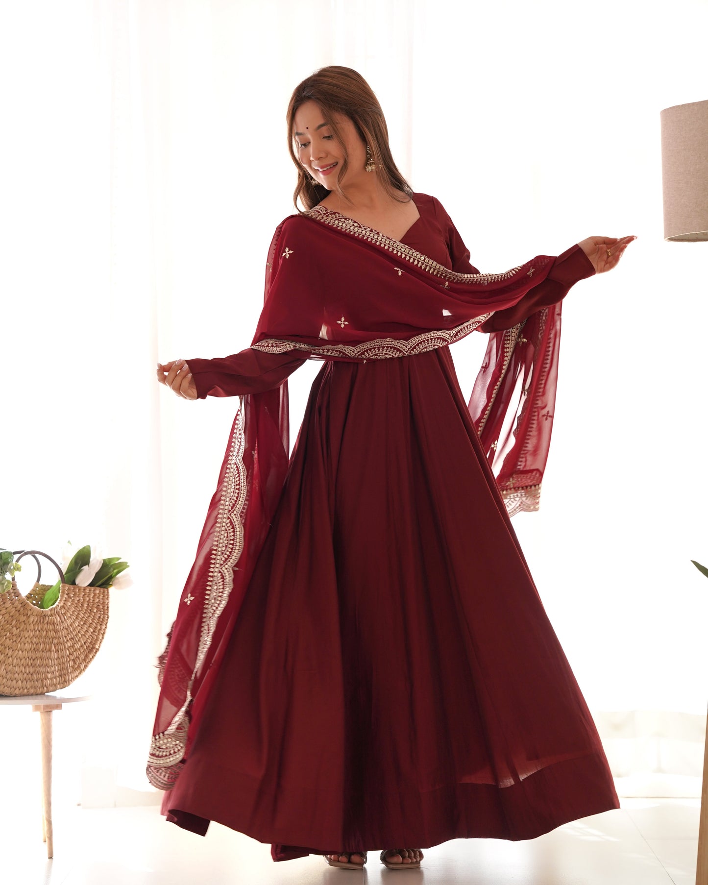 Exquisite Pure Romansilk Chanderi Designer Anarkali Pant Suit - INDIAN ELEGANCE