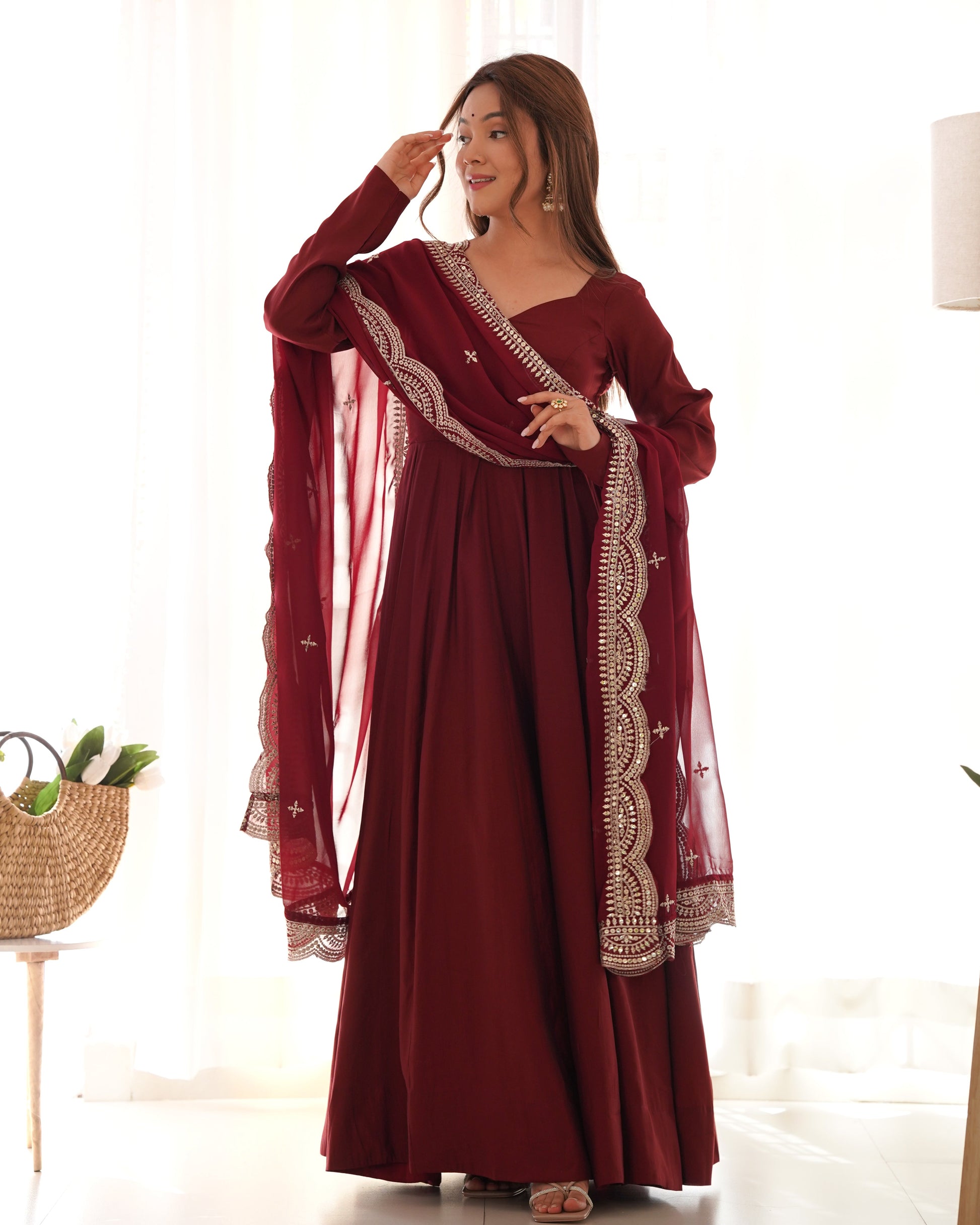 Exquisite Pure Romansilk Chanderi Designer Anarkali Pant Suit - INDIAN ELEGANCE