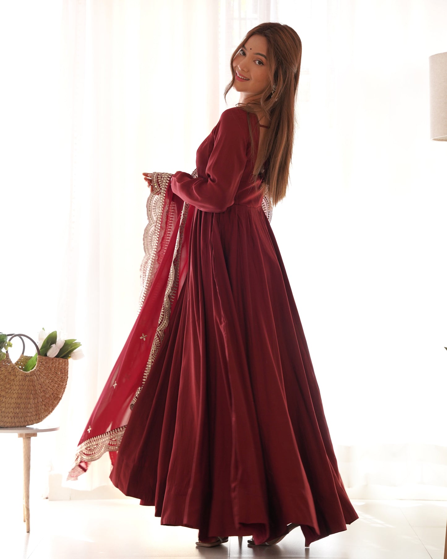 Exquisite Pure Romansilk Chanderi Designer Anarkali Pant Suit - INDIAN ELEGANCE