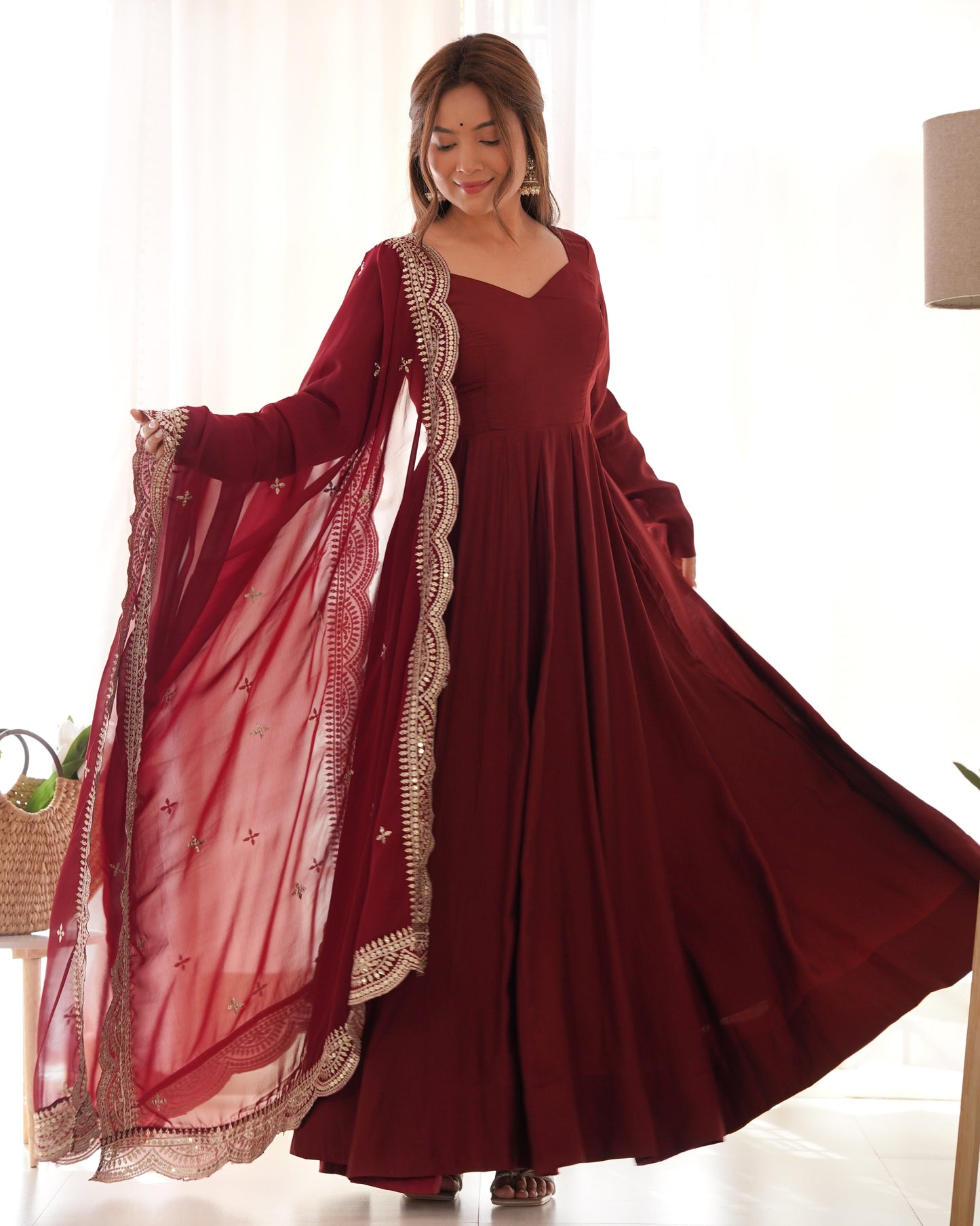 Exquisite Pure Romansilk Chanderi Designer Anarkali Pant Suit - INDIAN ELEGANCE