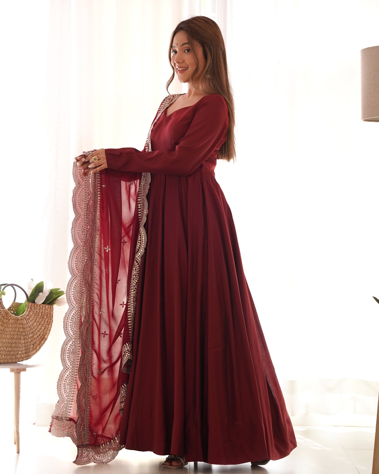 Exquisite Pure Romansilk Chanderi Designer Anarkali Pant Suit - INDIAN ELEGANCE