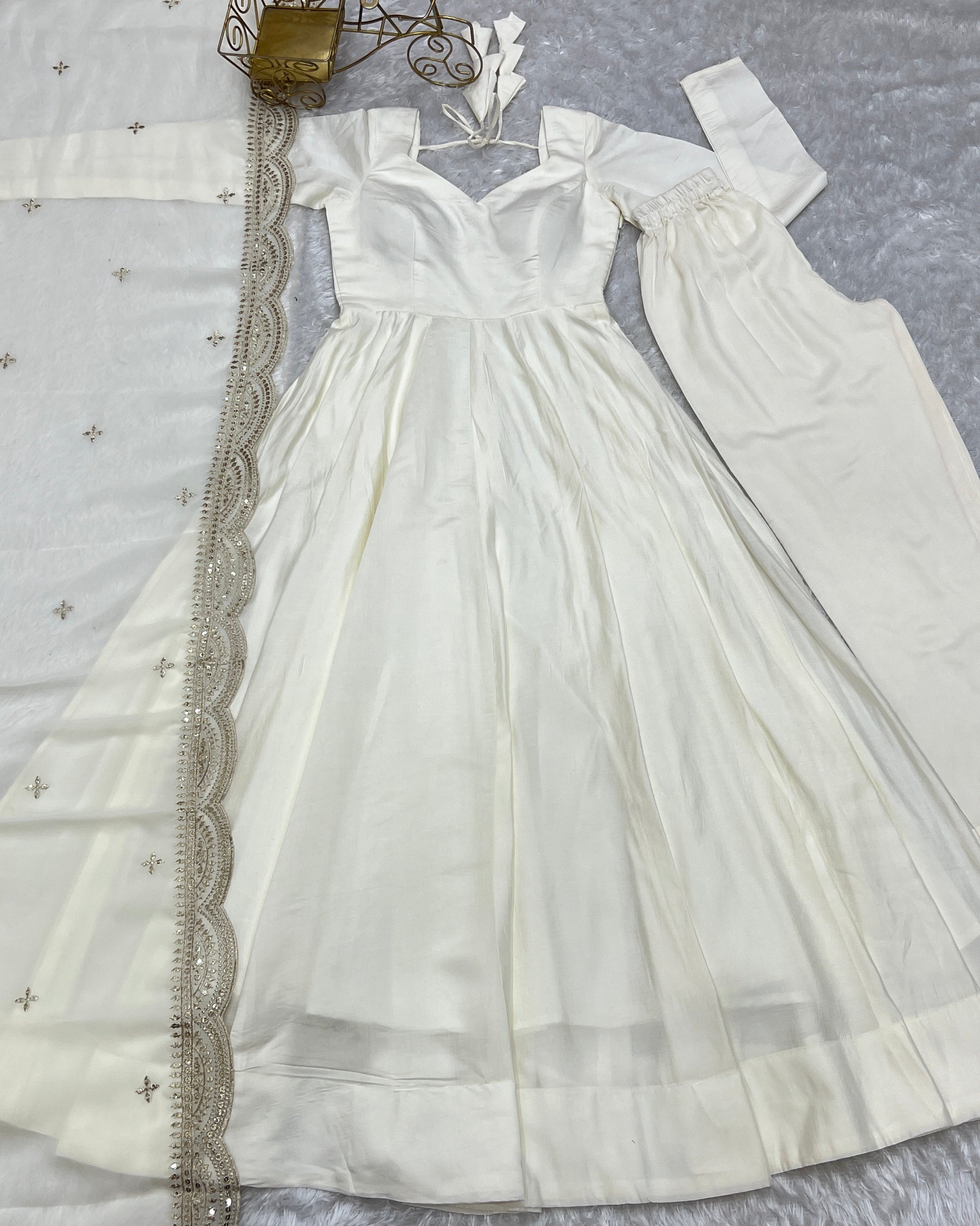 Exquisite Pure Romansilk Chanderi Designer Anarkali Pant Suit - INDIAN ELEGANCE