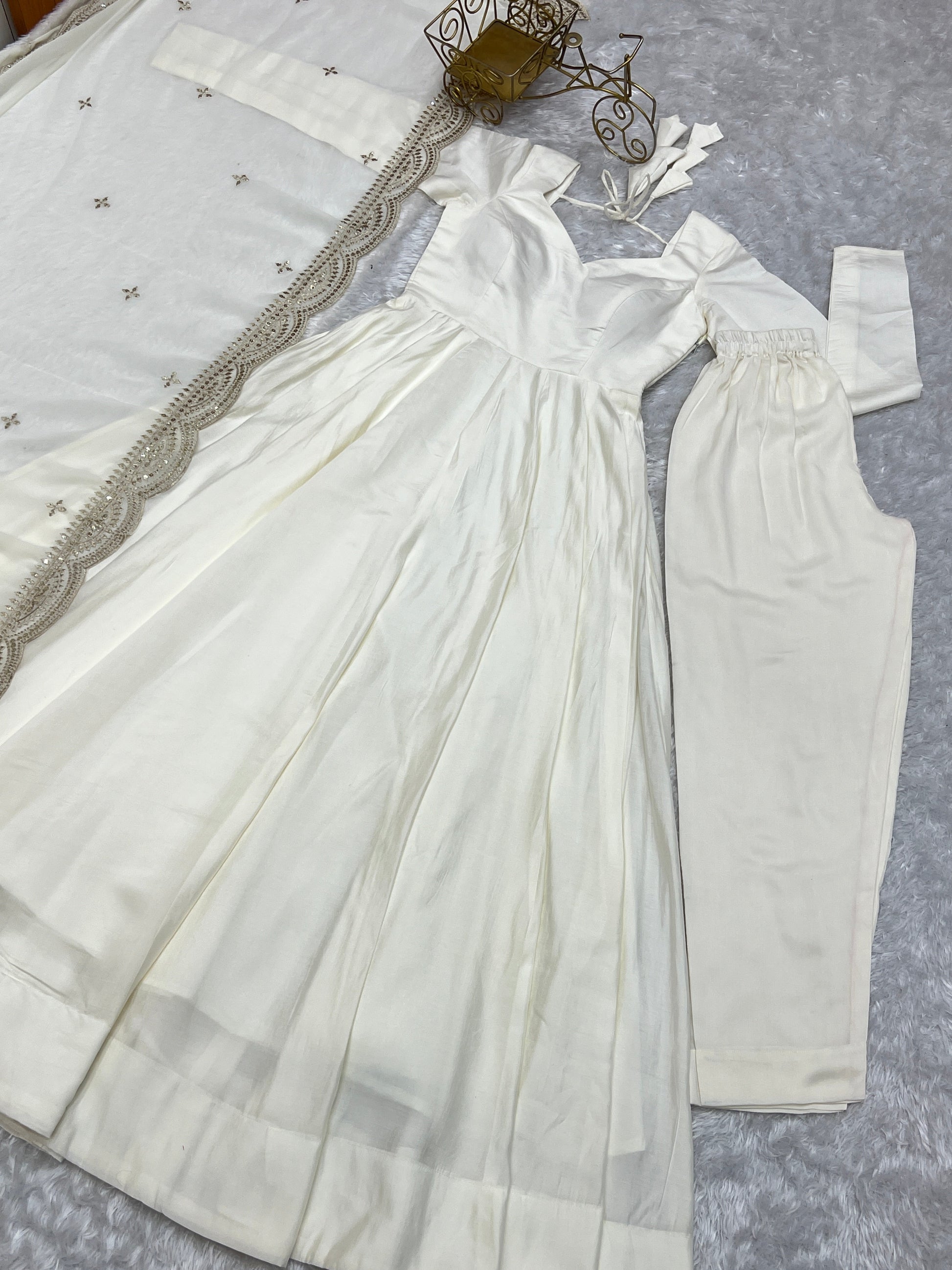 Exquisite Pure Romansilk Chanderi Designer Anarkali Pant Suit - INDIAN ELEGANCE