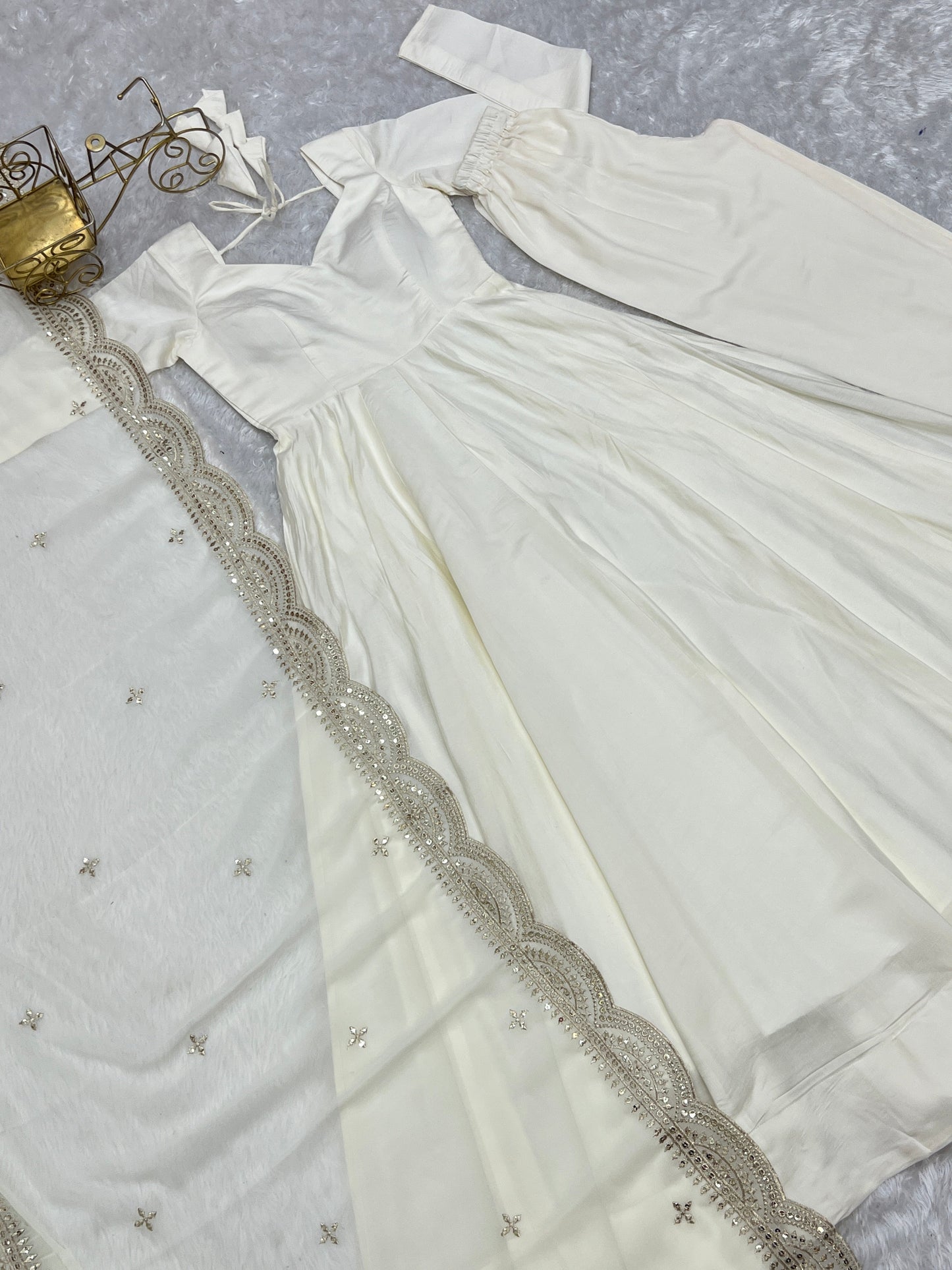 Exquisite Pure Romansilk Chanderi Designer Anarkali Pant Suit - INDIAN ELEGANCE