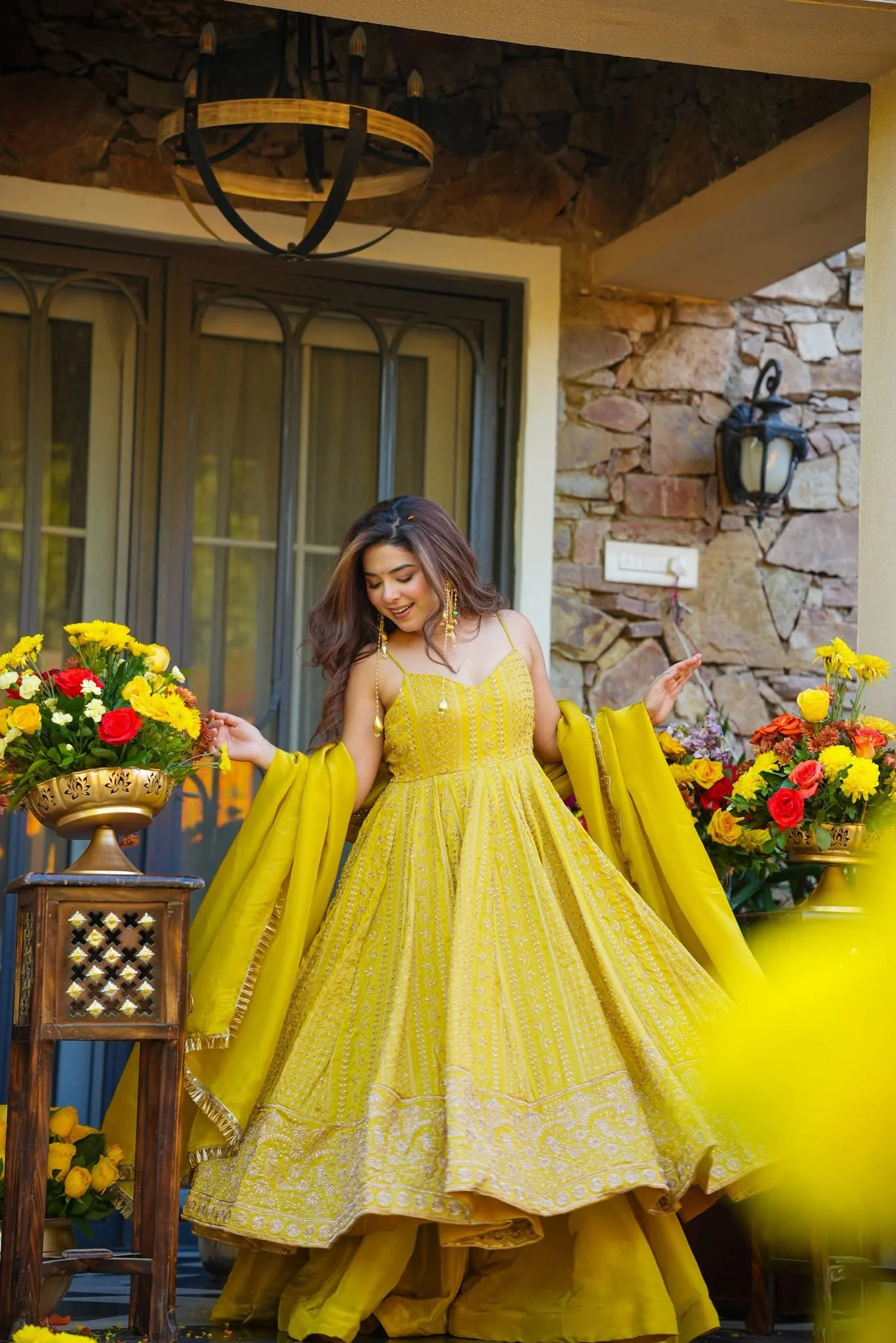 Wedding wear Yellow Organza Zari & Sequin Embroidered Anarkali Gown Sharara Set for Women