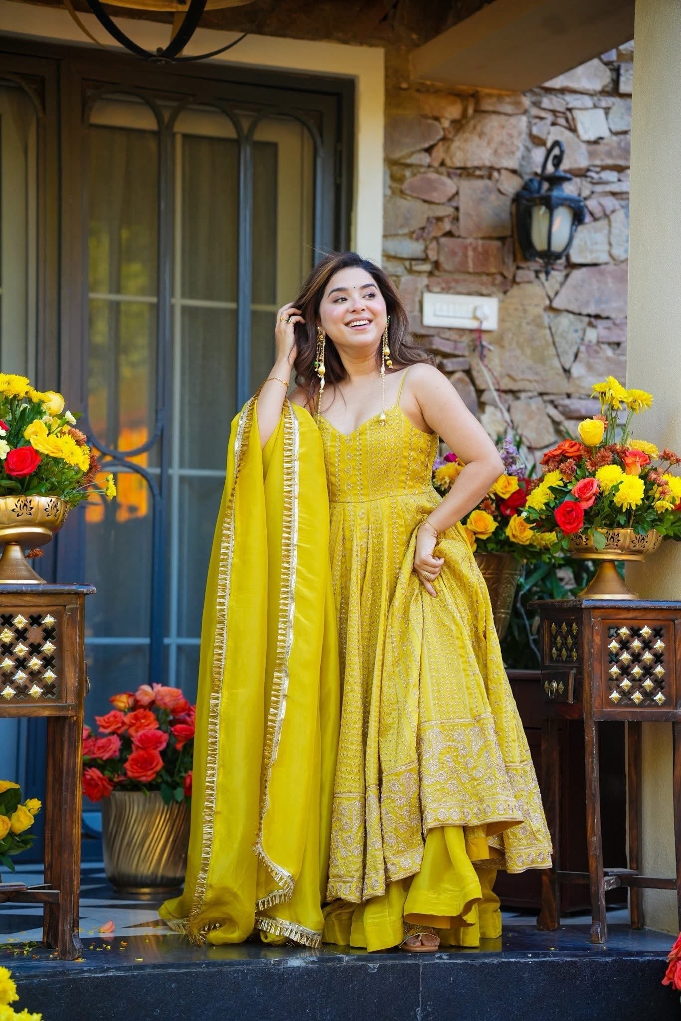 Wedding wear Yellow Organza Zari & Sequin Embroidered Anarkali Gown Sharara Set for Women