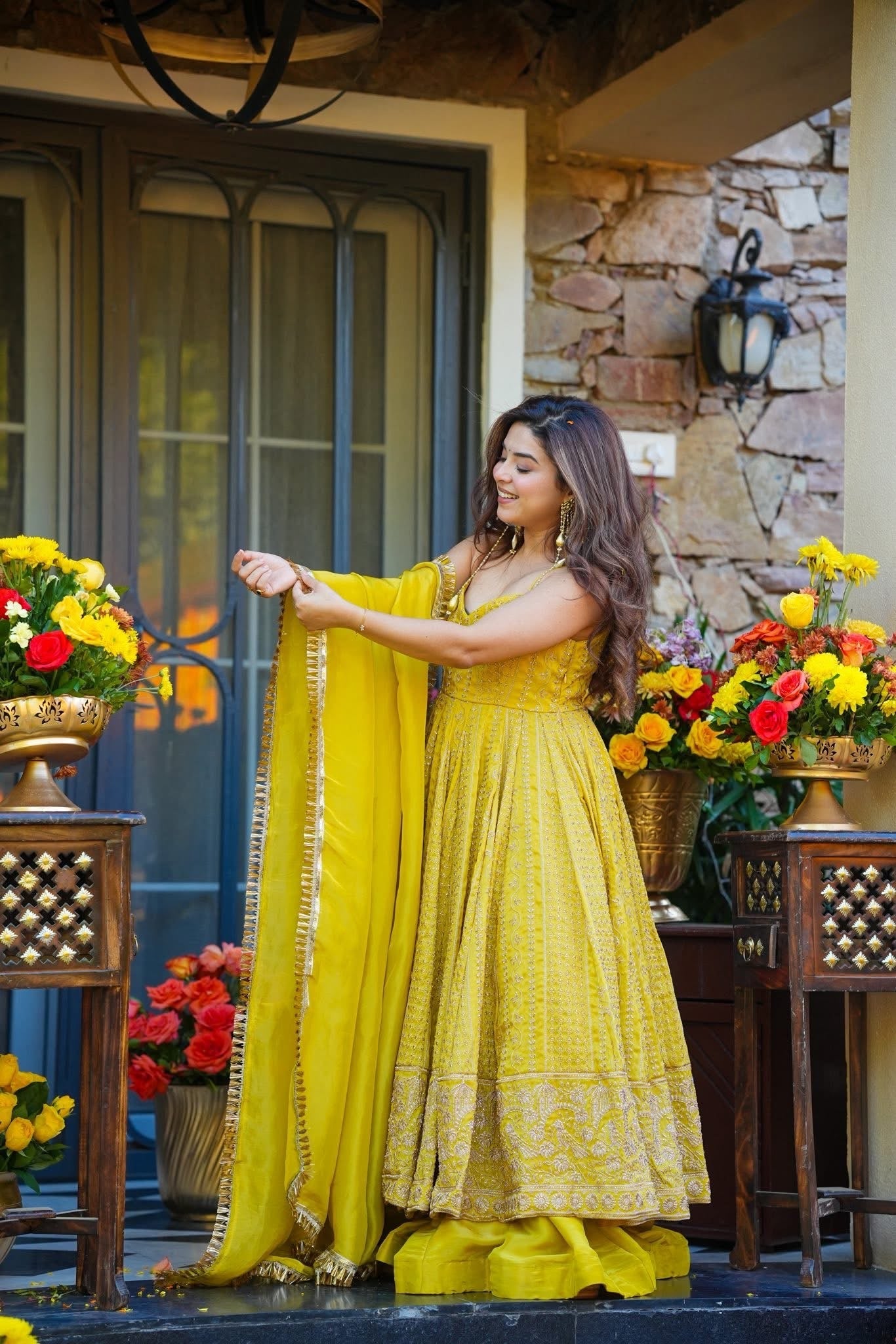 Wedding wear Yellow Organza Zari & Sequin Embroidered Anarkali Gown Sharara Set for Women