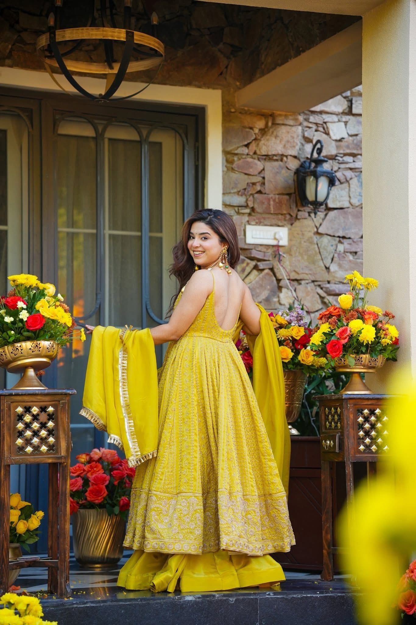 Wedding wear Yellow Organza Zari & Sequin Embroidered Anarkali Gown Sharara Set for Women