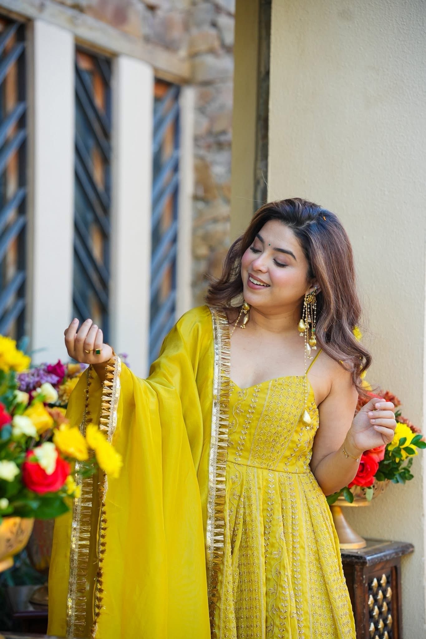 Wedding wear Yellow Organza Zari & Sequin Embroidered Anarkali Gown Sharara Set for Women