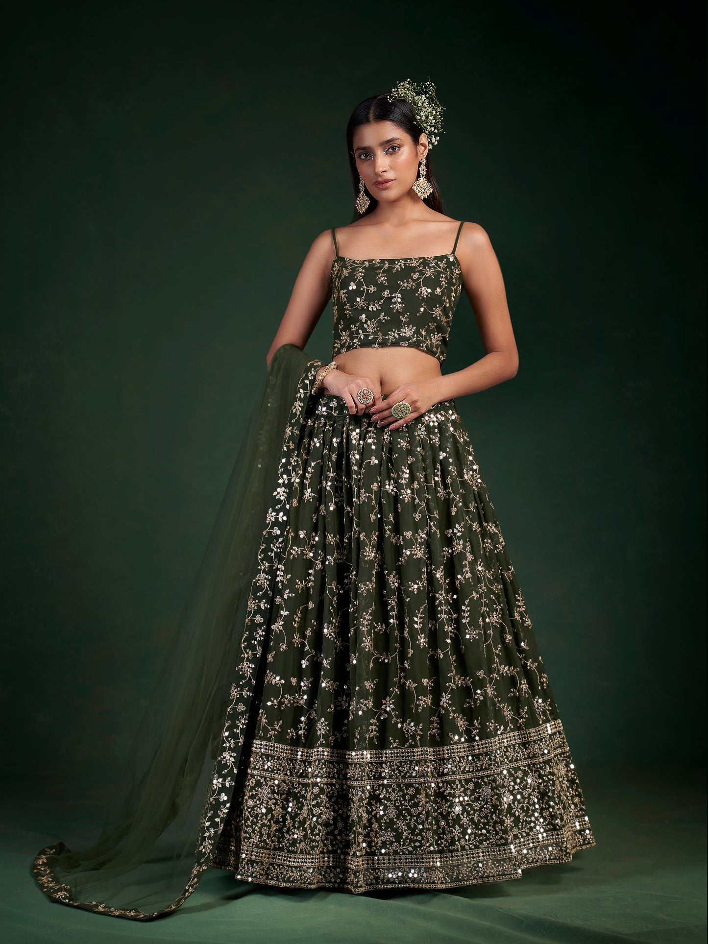 Luxury Bottle Green Georgette Sequins & Zari Embroidered Lehenga Choli Set.