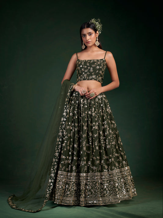 Luxury Bottle Green Georgette Sequins & Zari Embroidered Lehenga Choli Set.