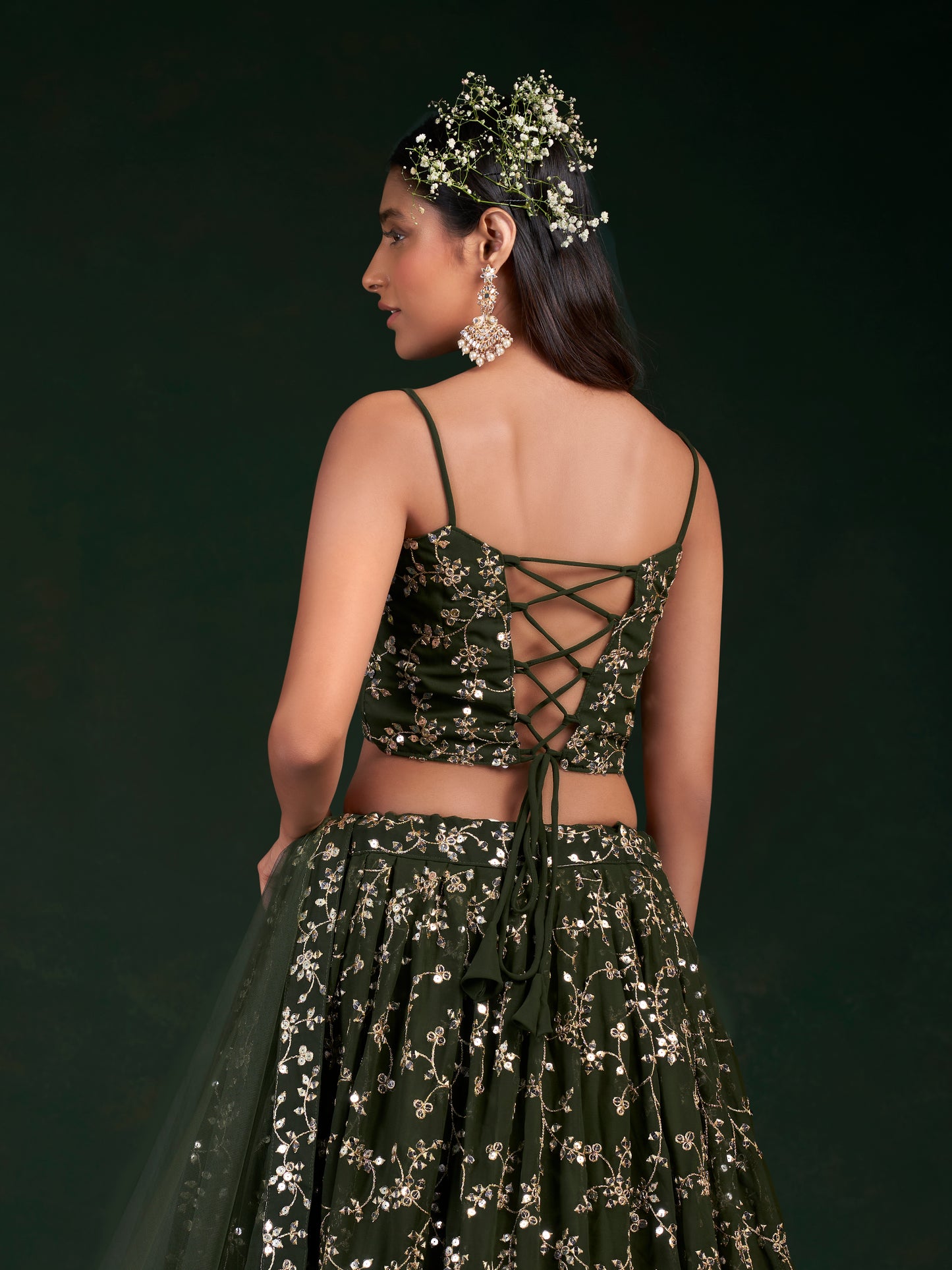 Luxury Bottle Green Georgette Sequins & Zari Embroidered Lehenga Choli Set.