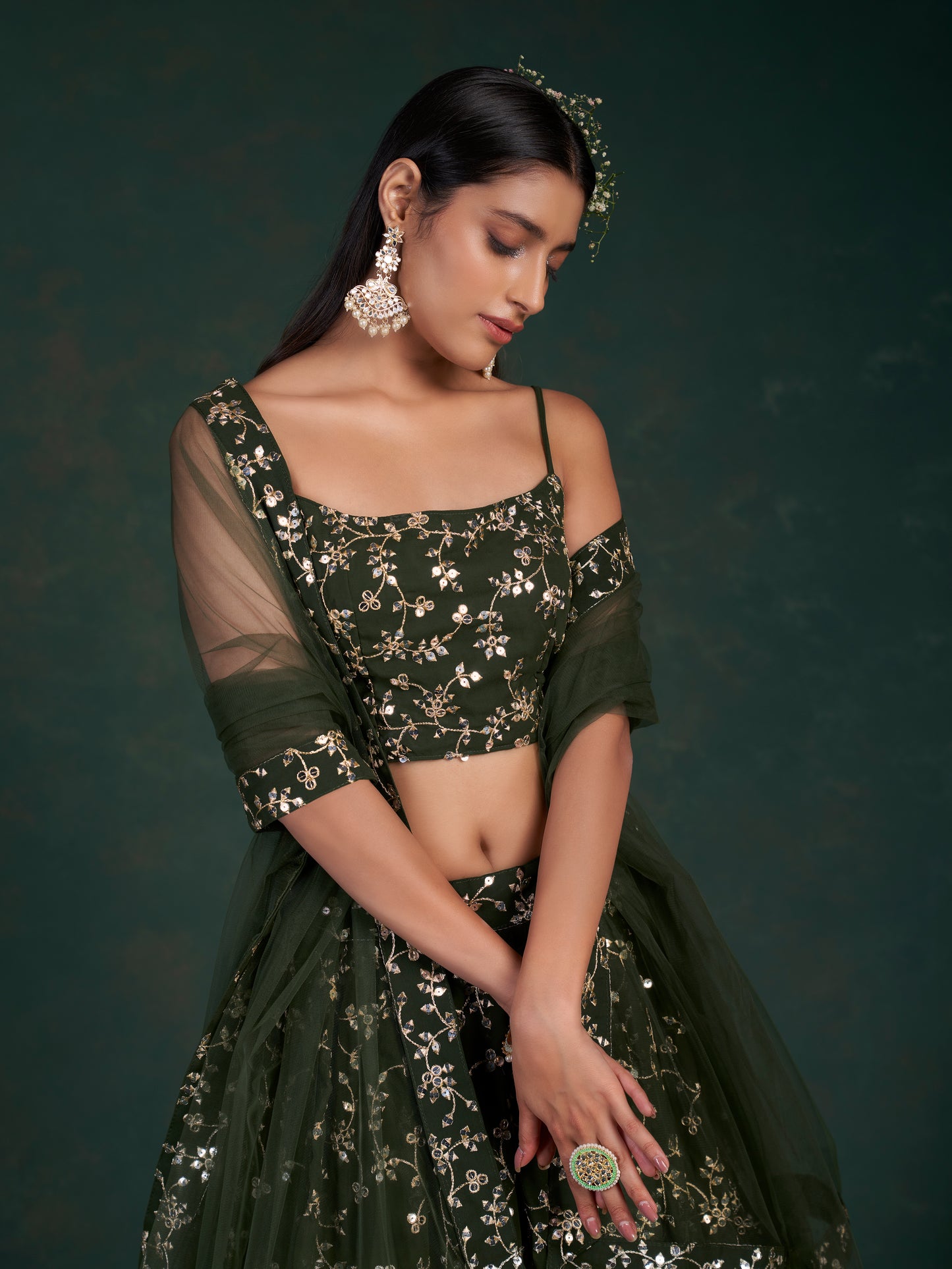 Luxury Bottle Green Georgette Sequins & Zari Embroidered Lehenga Choli Set.