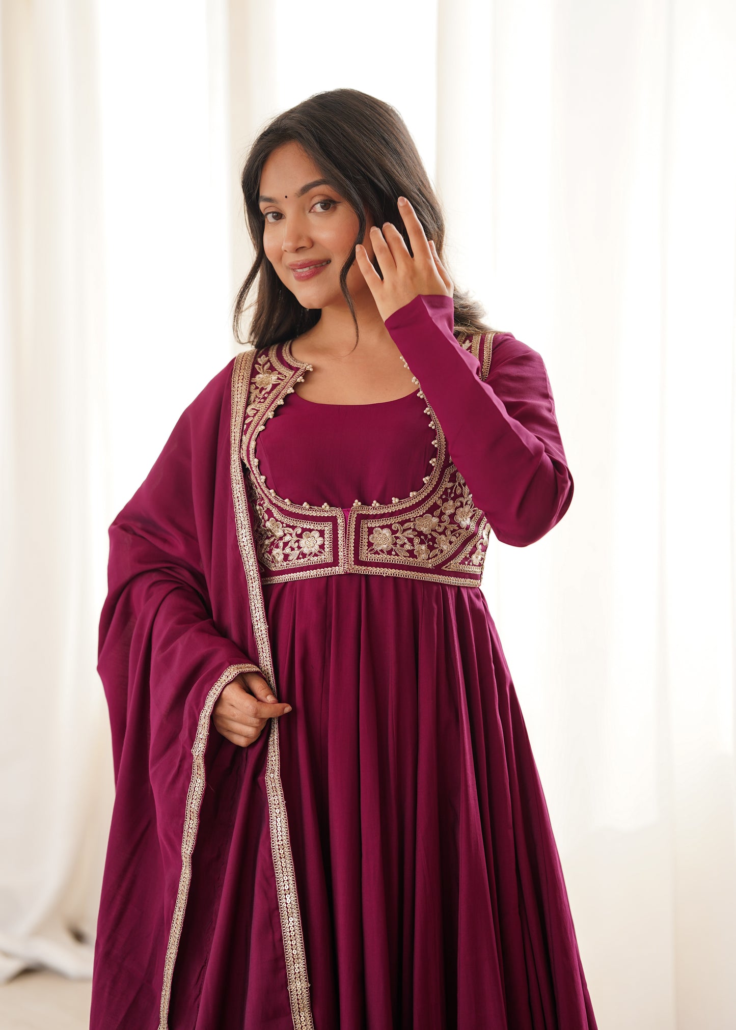 Premium Wine Roman Silk Chanderi Anarkali Suit Set with 5.5 Meter Flair