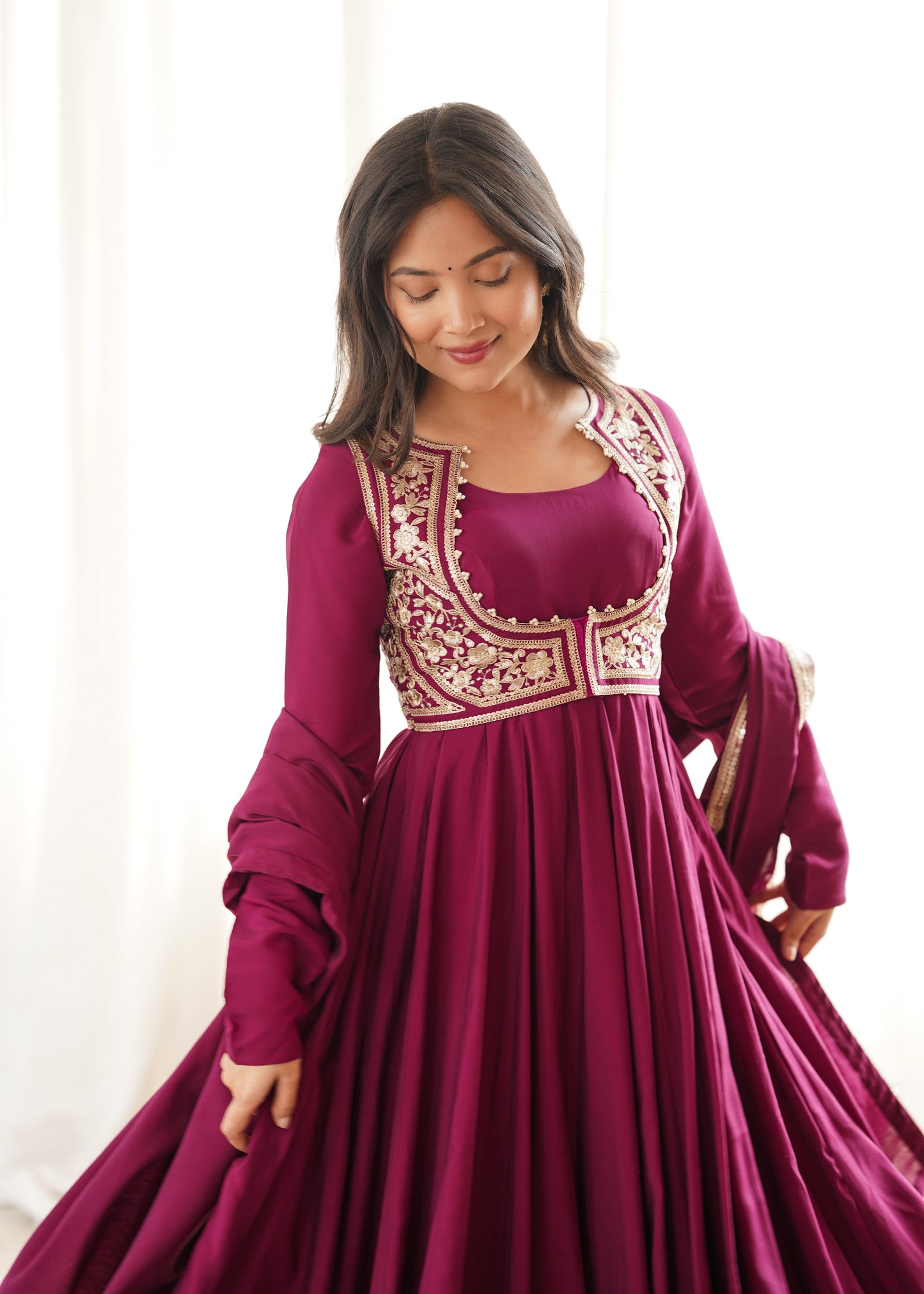 Premium Wine Roman Silk Chanderi Anarkali Suit Set with 5.5 Meter Flair