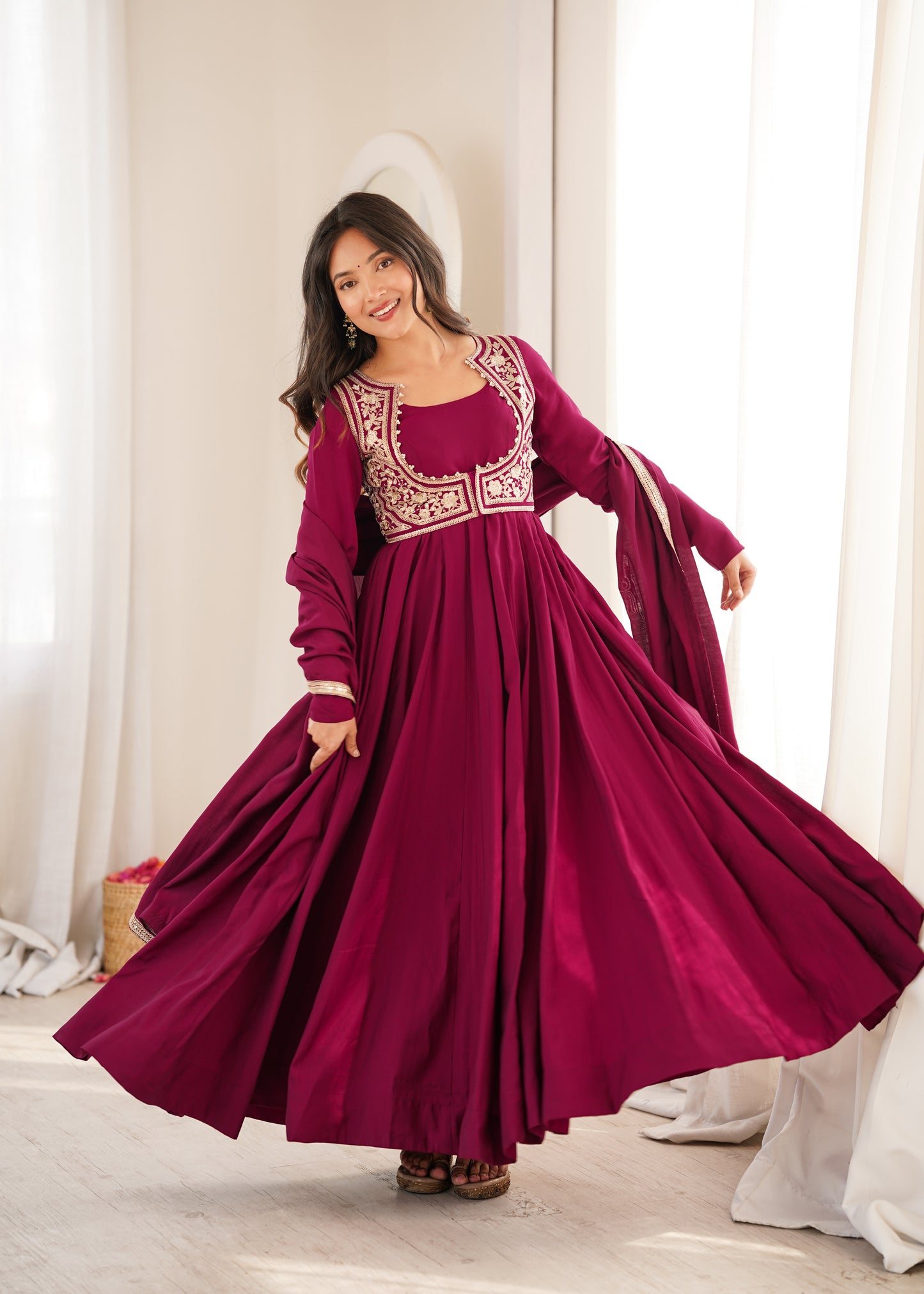 Premium Wine Roman Silk Chanderi Anarkali Suit Set with 5.5 Meter Flair