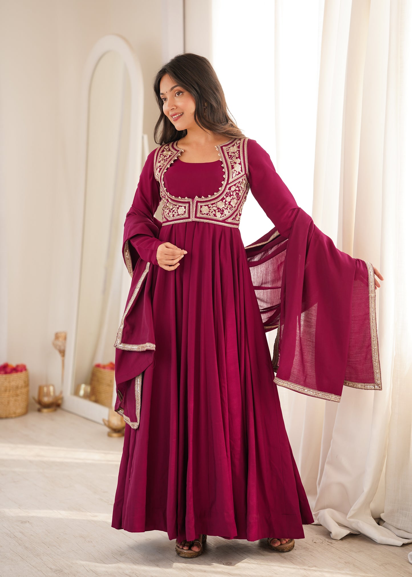 Premium Wine Roman Silk Chanderi Anarkali Suit Set with 5.5 Meter Flair