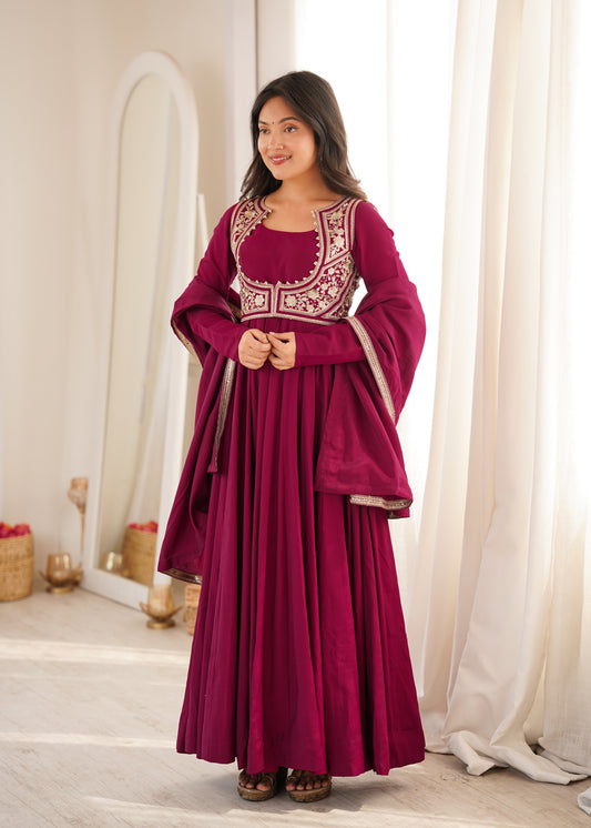 Premium Wine Roman Silk Chanderi Anarkali Suit Set with 5.5 Meter Flair