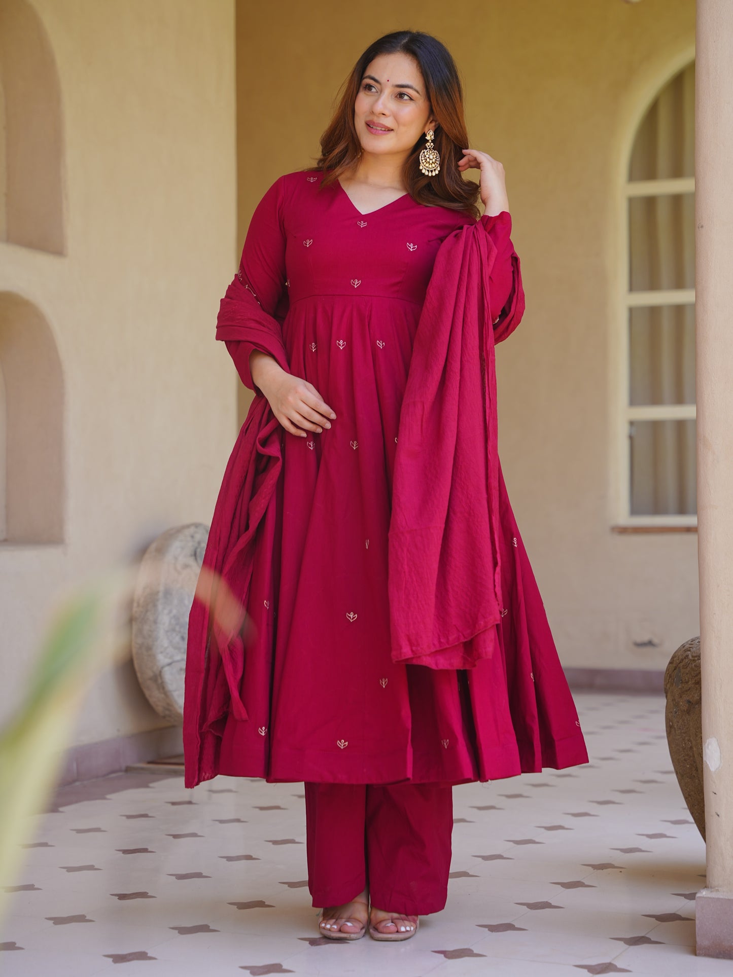 Premium Wine Anarkali Palazzo sharara Set in Roman Silk | Wedding & Festive Wear
