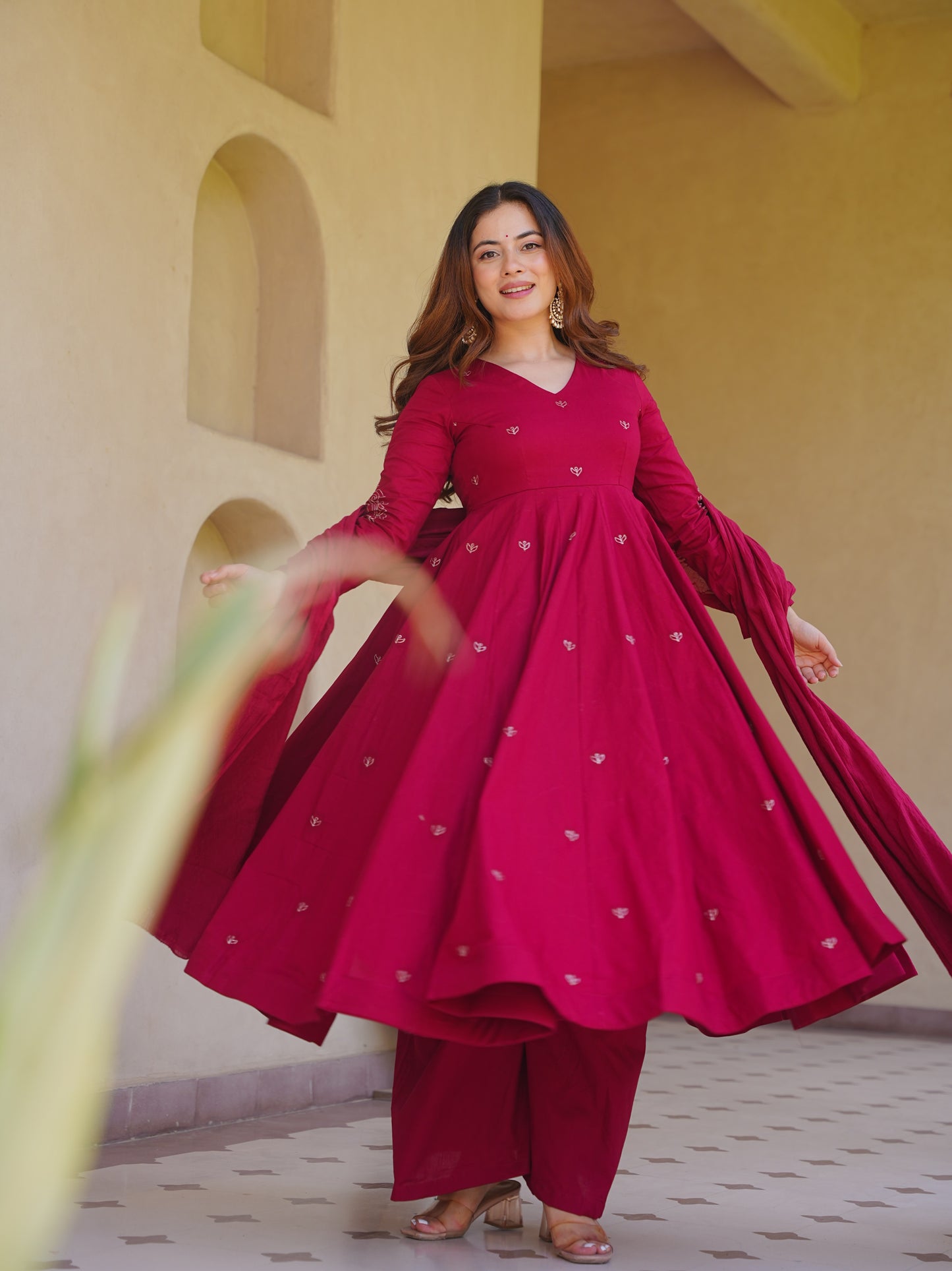 Premium Wine Anarkali Palazzo sharara Set in Roman Silk | Wedding & Festive Wear