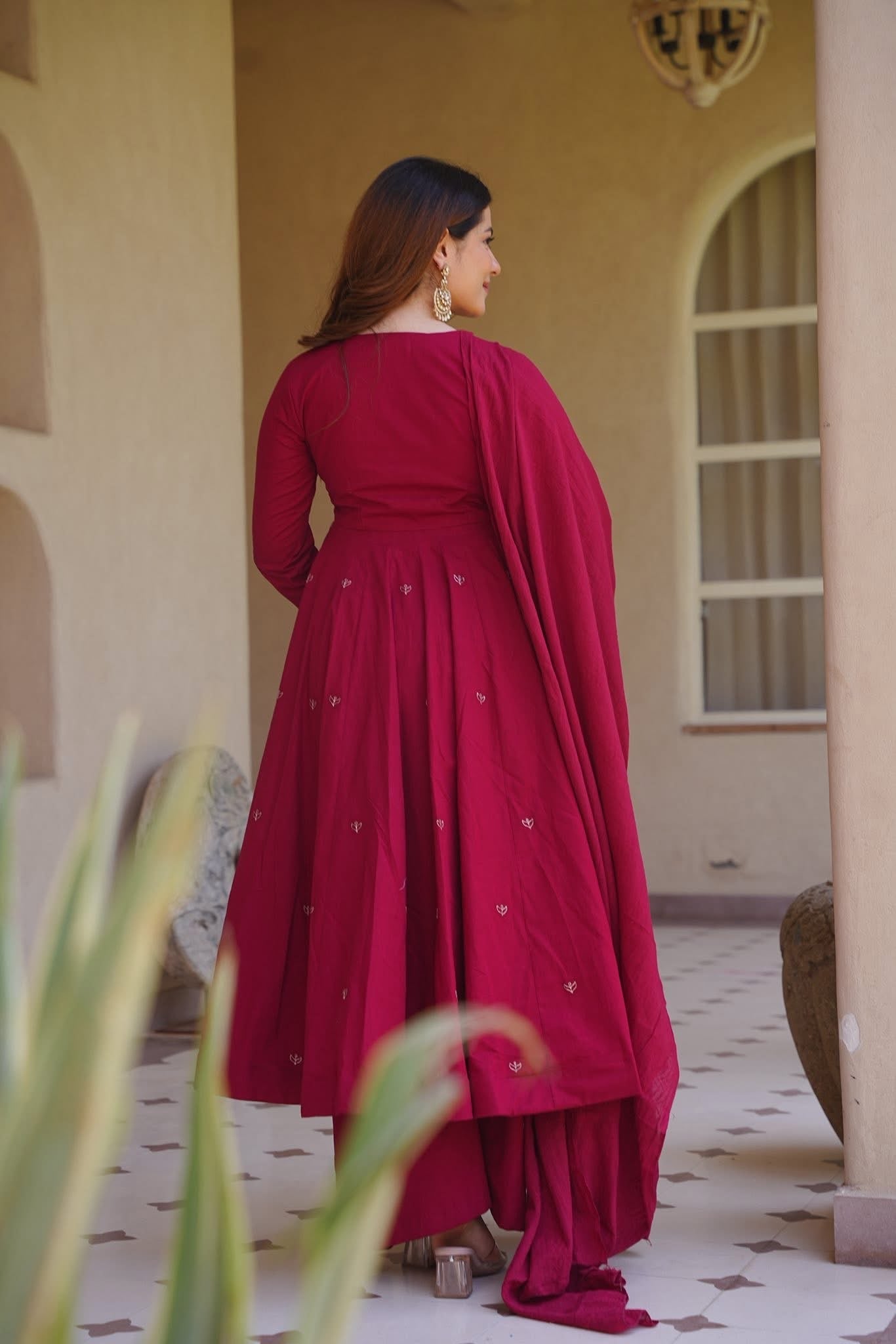 Premium Wine Anarkali Palazzo sharara Set in Roman Silk | Wedding & Festive Wear
