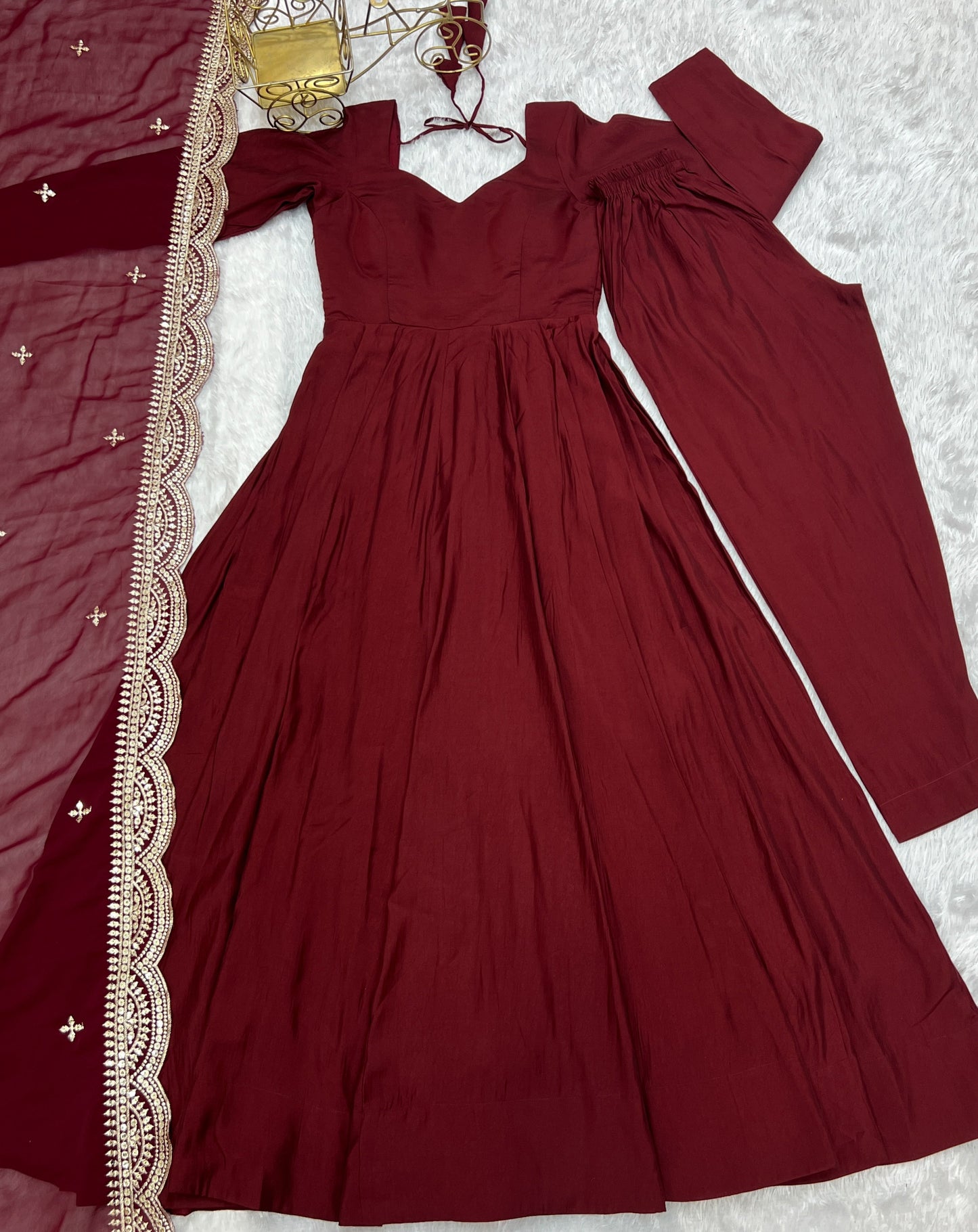 Exquisite Pure Romansilk Chanderi Designer Anarkali Pant Suit - INDIAN ELEGANCE