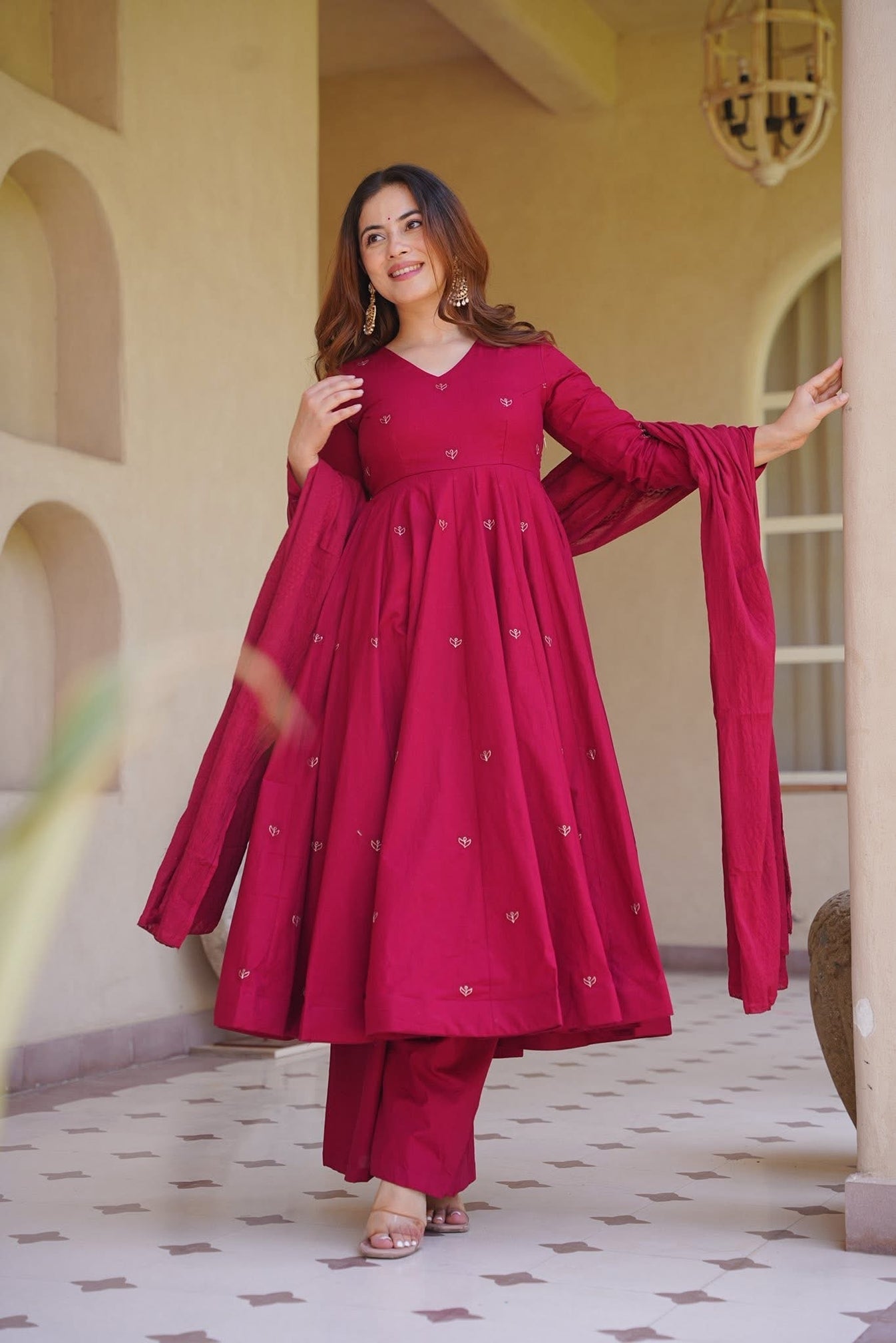 Premium Wine Anarkali Palazzo sharara Set in Roman Silk | Wedding & Festive Wear