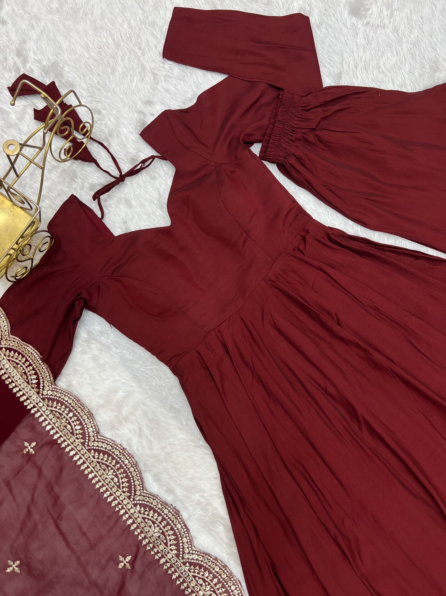Exquisite Pure Romansilk Chanderi Designer Anarkali Pant Suit - INDIAN ELEGANCE