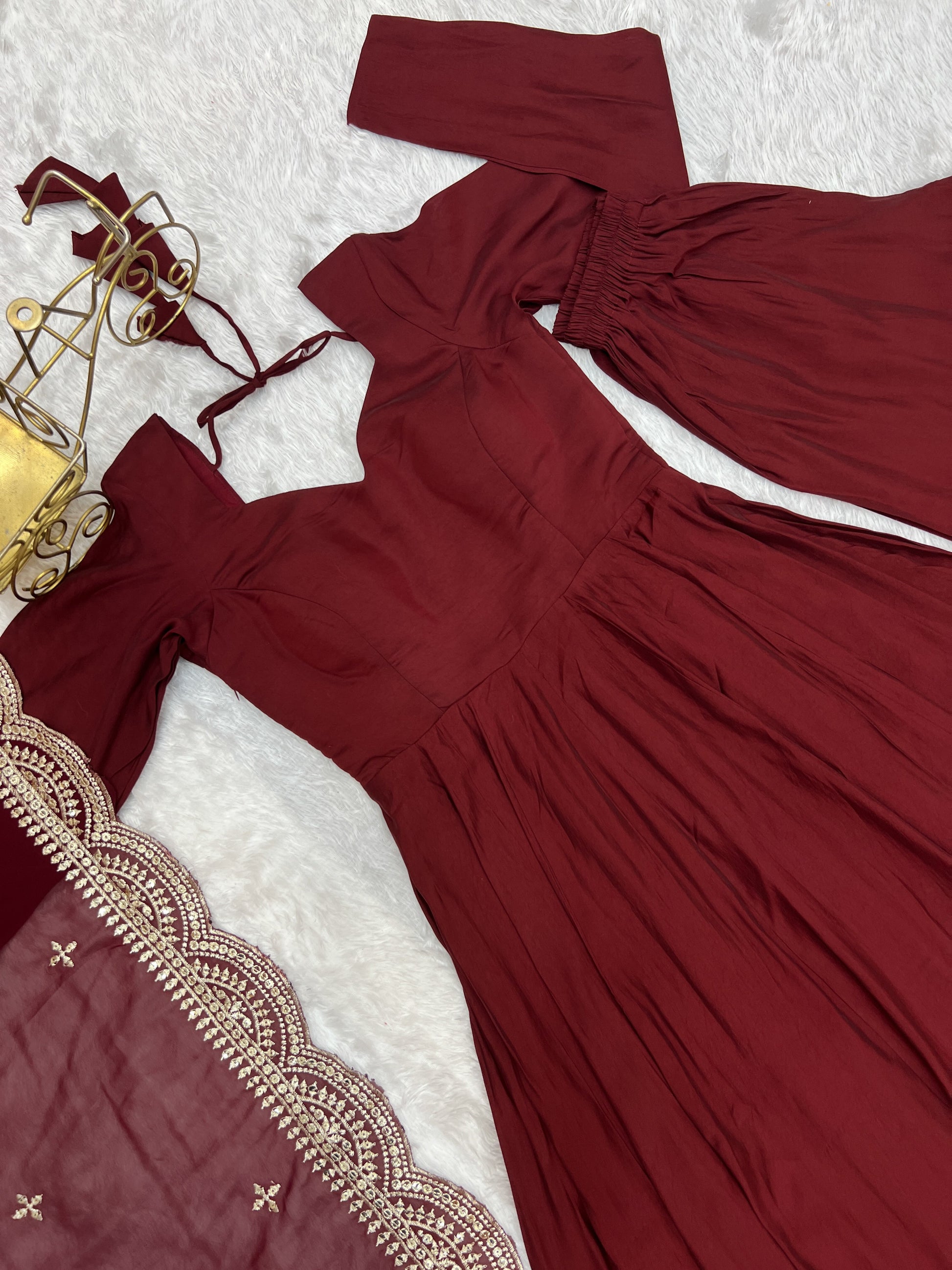 Exquisite Pure Romansilk Chanderi Designer Anarkali Pant Suit - INDIAN ELEGANCE