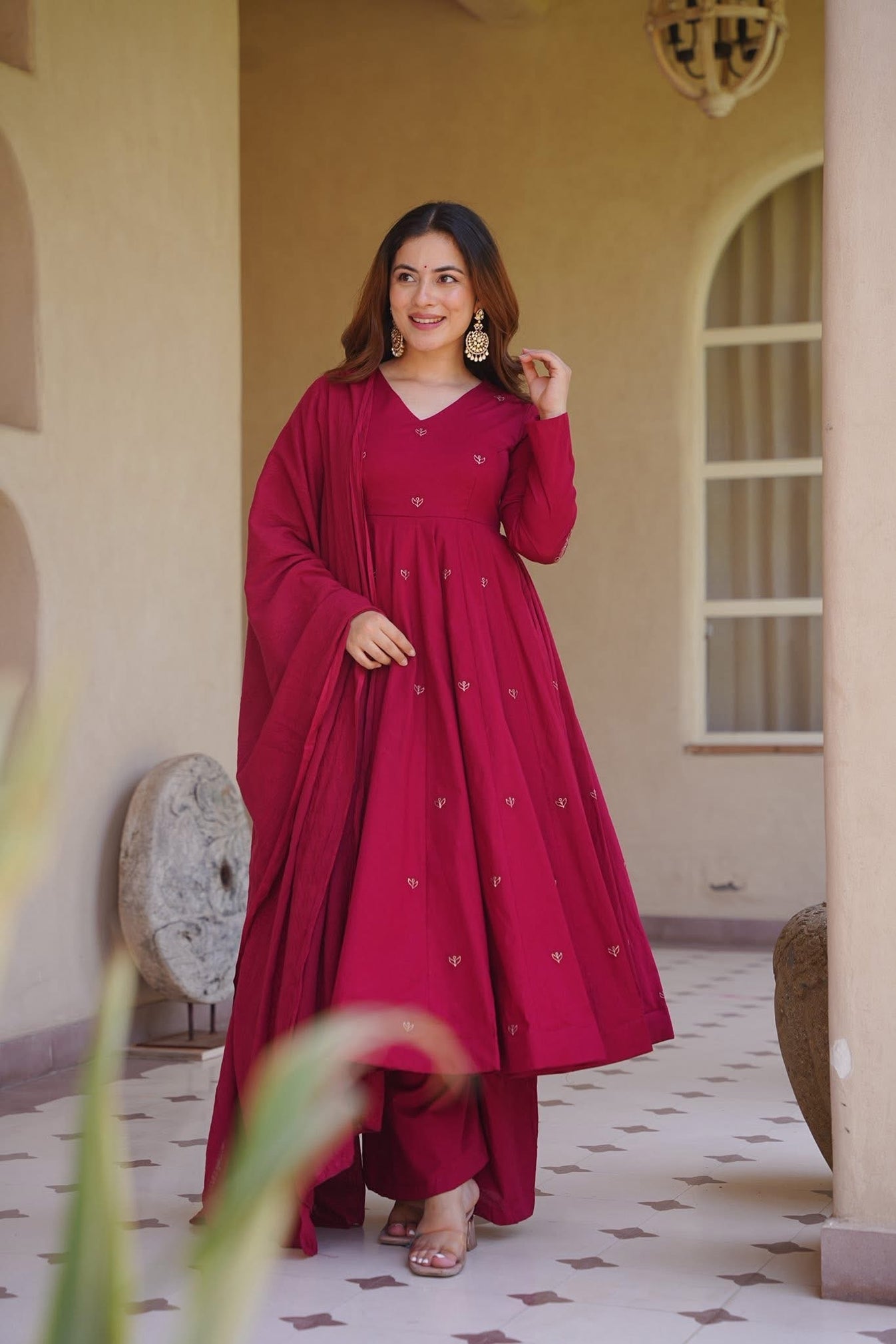 Premium Wine Anarkali Palazzo sharara Set in Roman Silk | Wedding & Festive Wear