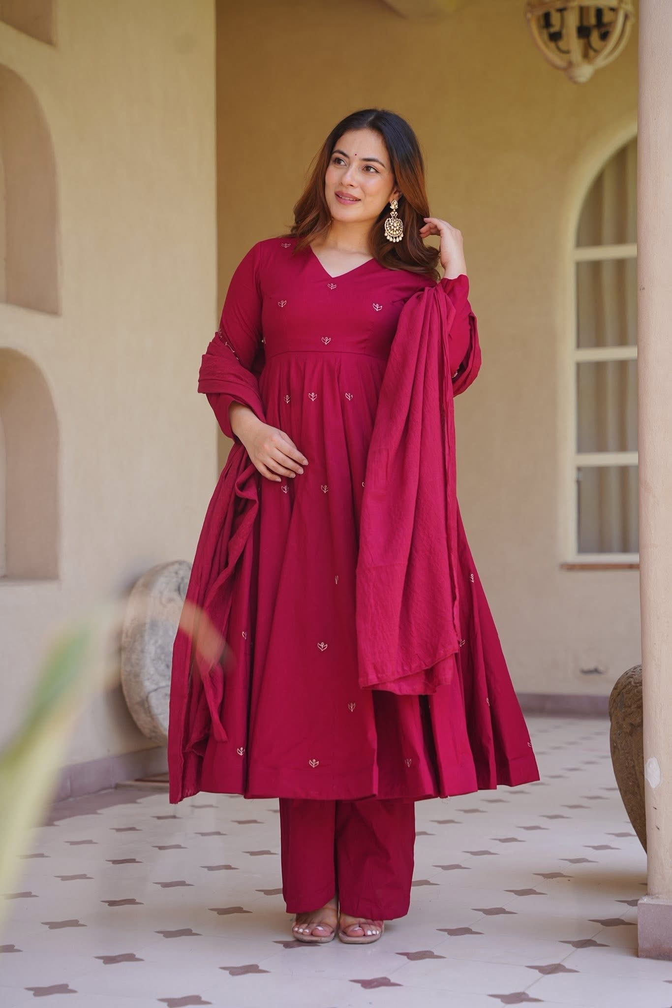 Premium Wine Anarkali Palazzo sharara Set in Roman Silk | Wedding & Festive Wear