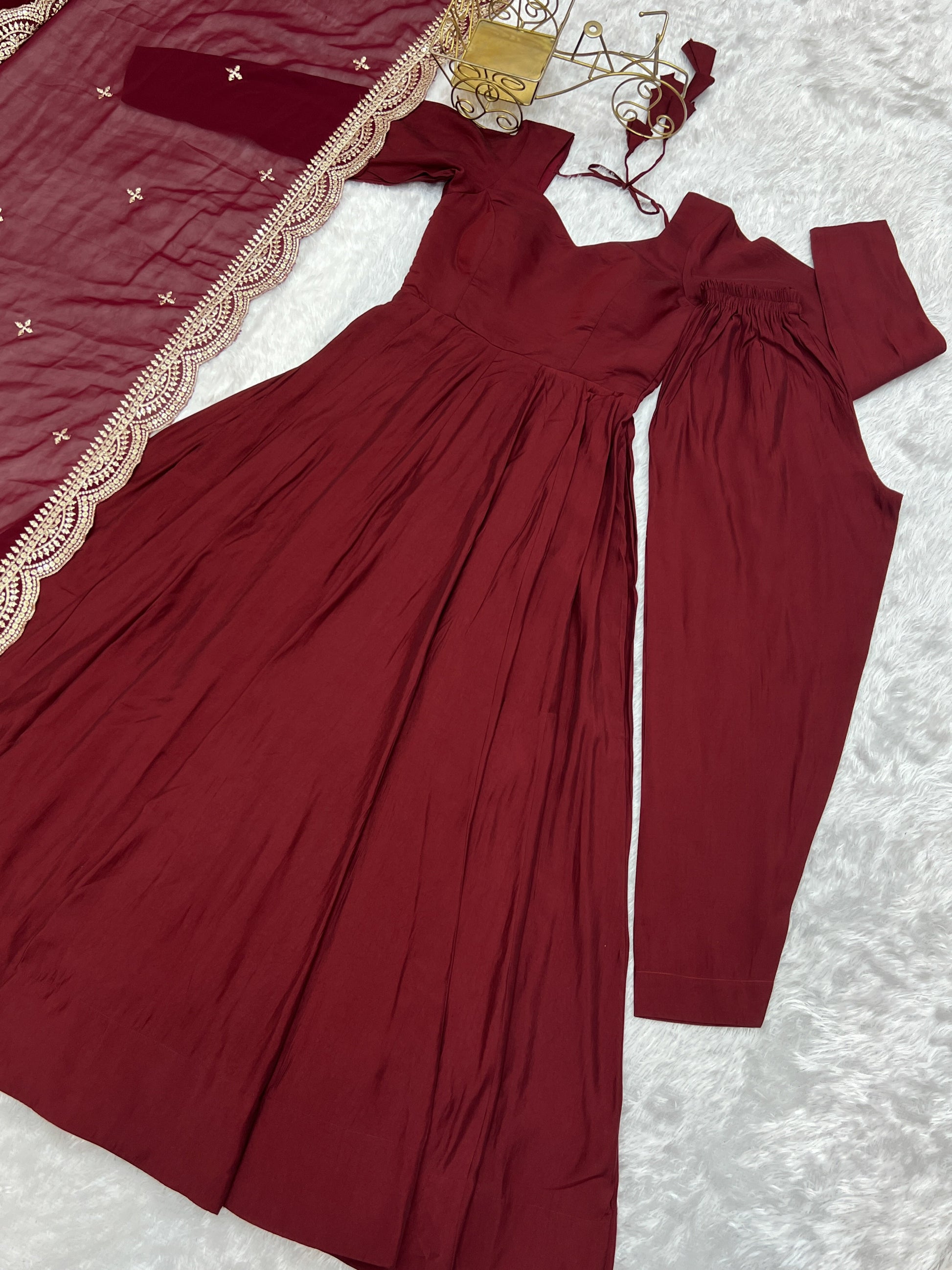 Exquisite Pure Romansilk Chanderi Designer Anarkali Pant Suit - INDIAN ELEGANCE