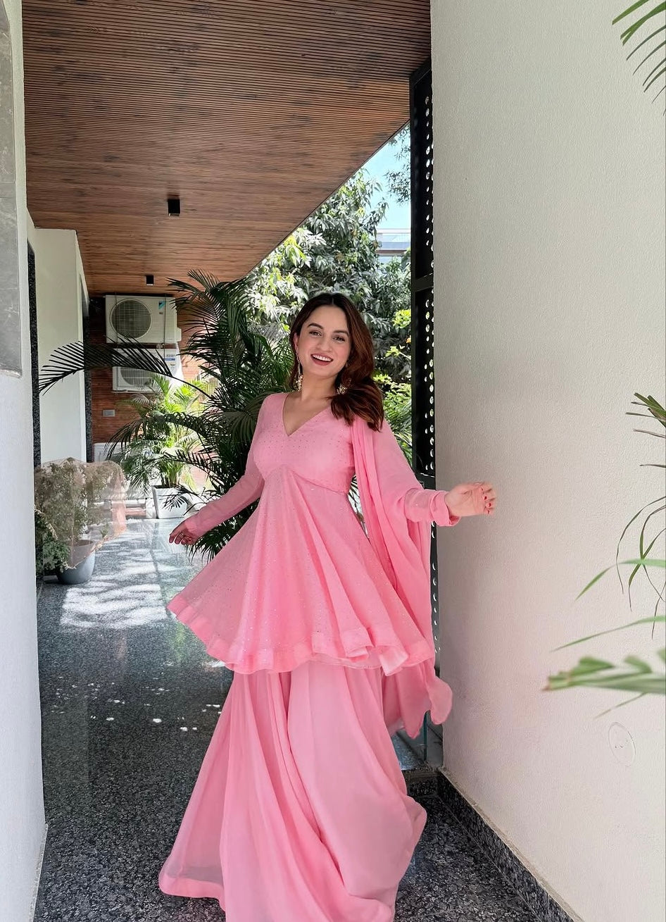 Baby Pink Sharara Suit Set for Women – Foil Work Party Wear Kurti with Dupatta | Sangeet, Farewell, Wedding